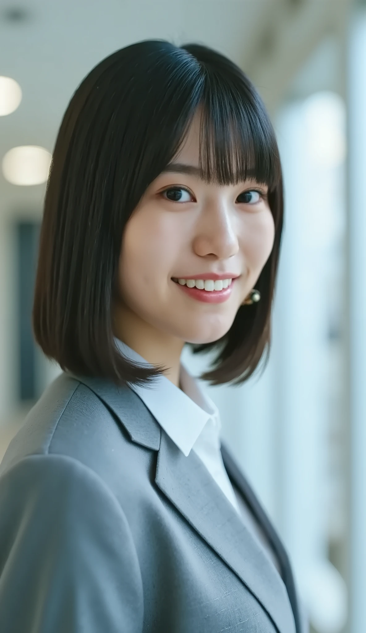 Neat Young Woman、and look at the camera、office lady suit、jacket、shirt、necklace、ear piercing、薄い茶髪、smile showing teeth、背景はオフィス