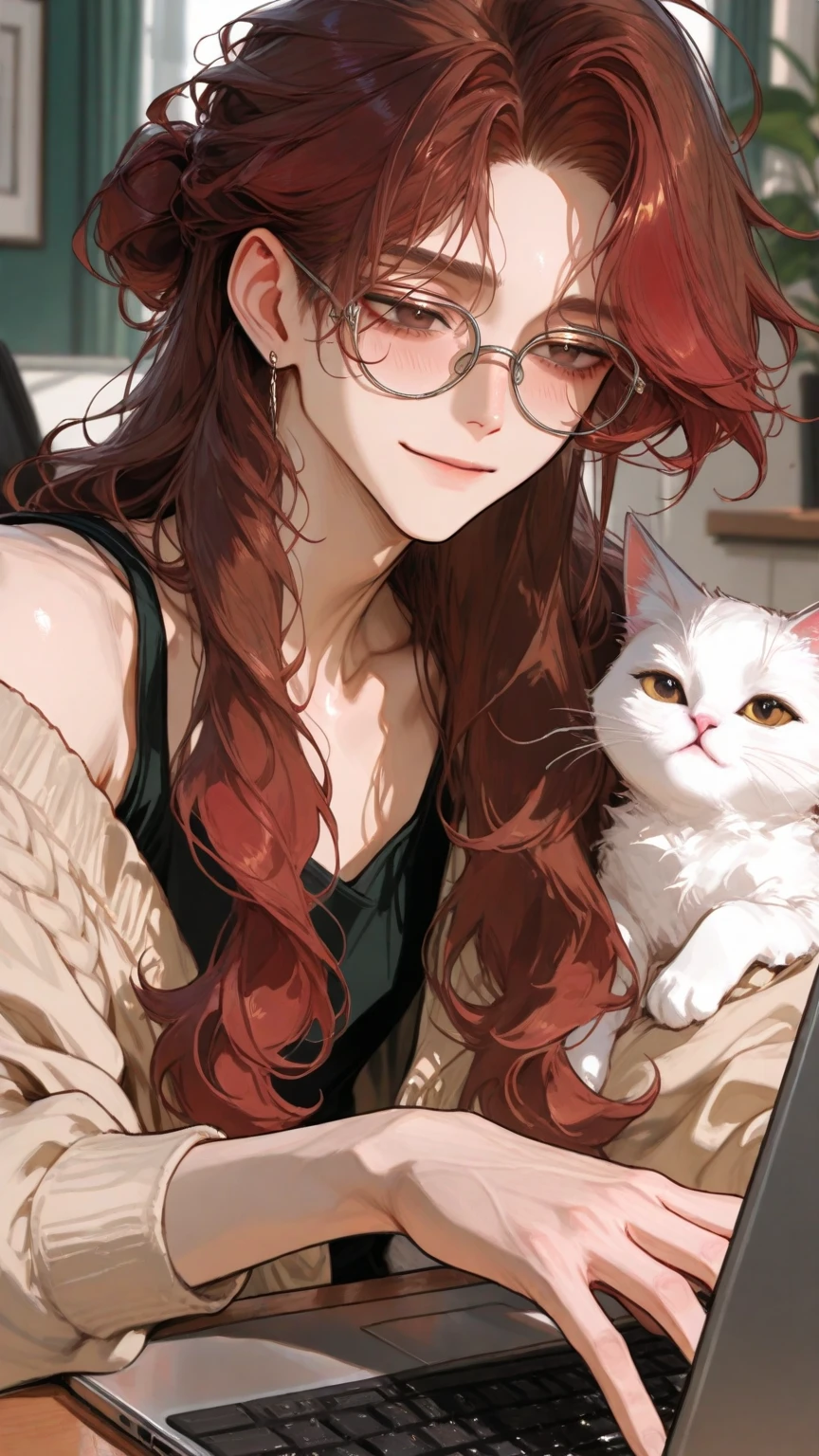A girl with big red hair curly, wearing glasses, with a white cat, in cartoon