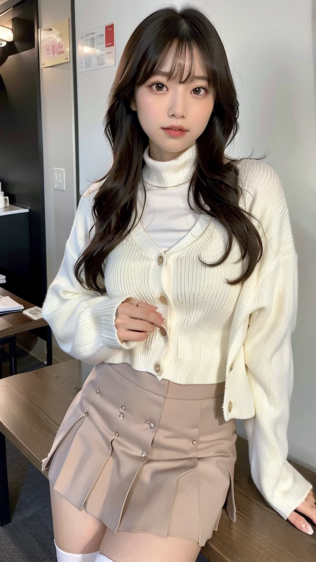 woman, 20-year-old, short black wavy hair、big breasts、(white turtleneck knit)、(blue short skirt), black stockings、, cute smile、((Pose that emphasizes the chest、Front-facing))、black high heels、((((Lift your skirt with your hands, expose my panties))))、(black lace panties、(tilt your head a little)
