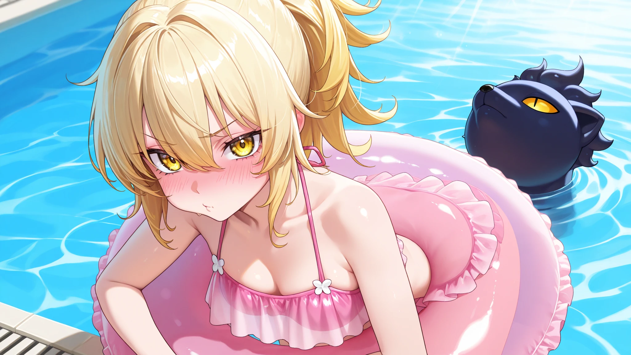 sixteen, adorable face, extremely skinny, (fake tits:1.5), blonde hair, tongue out, excessive cum leaking out of mouth and nose, tanned skin, extremely sweaty skin, frilled swimsuit, camel toe, (sitting in inflatable pool:1.4),