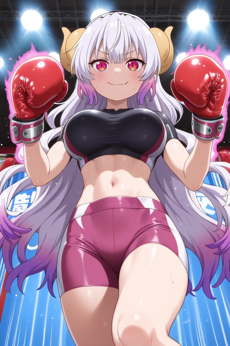 Cute  girl belly punch in the corner of the ring,((masterpiece)),long hair,beautiful white skin、 ((charming))、happy smile、perfect proportions, cute woman, baby face, BREAK source_anime, high detail, looking at viewer,POV, large chest, best quality, highly detailed, young face, white background,Droopy eyes,relaxed face,she attacks,twin tale hair, Top Quality Anime Illustration, Super Detail, One Girl, Solo, Beautiful Girl with Silver Hair, Anime , Light Color Peach-colored kimono, Super Short kimono, Smile, Bare Skin Lateral Breast,Cleavage Emphasis, japanese style,(((Kickboxing)))、(((Mixed wrestling))),