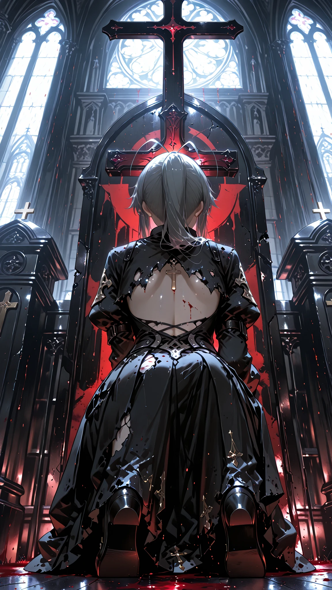 ((Put one knee on the ground)), squat, ((pray)), from behind, ((solo)),
BREAK
masterpiece, highest quality, Ultra High Quality, k, Beautiful and delicate girl, (nup, ripped and torn and tattered:1.2),
1 girl, ash gray hair, ((pray)), antenna hair, (long ponytail), (brad stain), ((from below)), looking up, Backless costume, long skirt,
Church short cloak, Japanese school uniform,  
, (detailed lighting), 16:00, sharp focus, blood rain, huge cross in the background, dark color outfit, Heavily damaged armor,