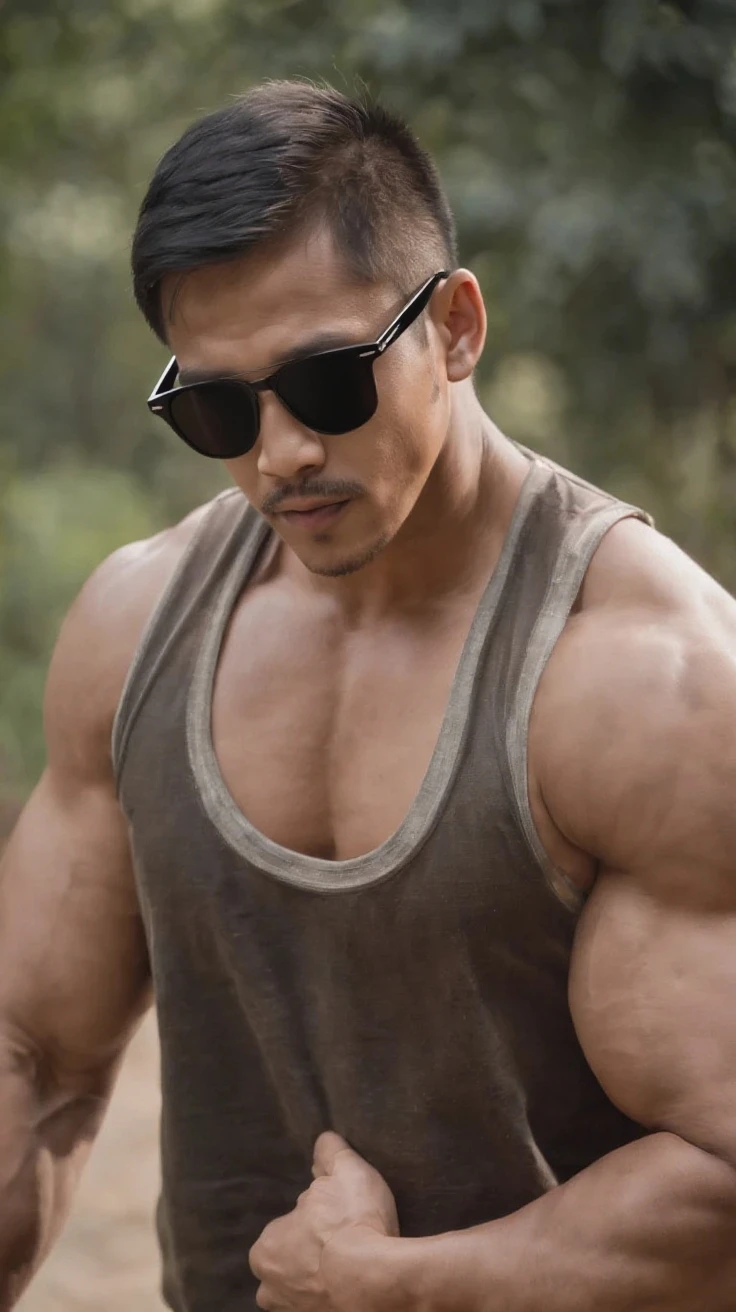 A young Thai father with gray hair, a gray mustache, a muscular body, bulging crotch and sweat, sits in an orchard.