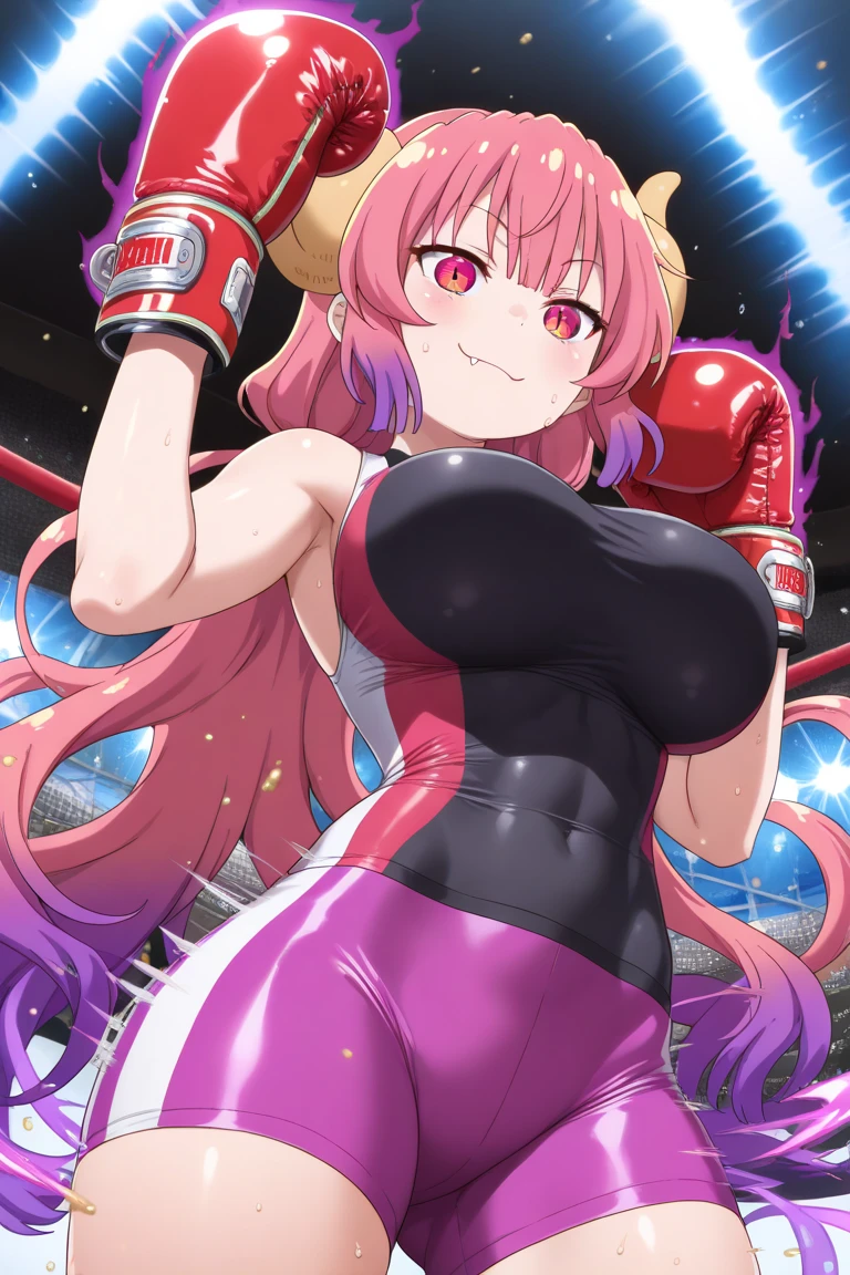 A thick and busty Starfire seductively shows off her sexy tattooed thick juicy curves wearing a tight thong bikini and boxing gloves while laying in the middle of the boxing ring