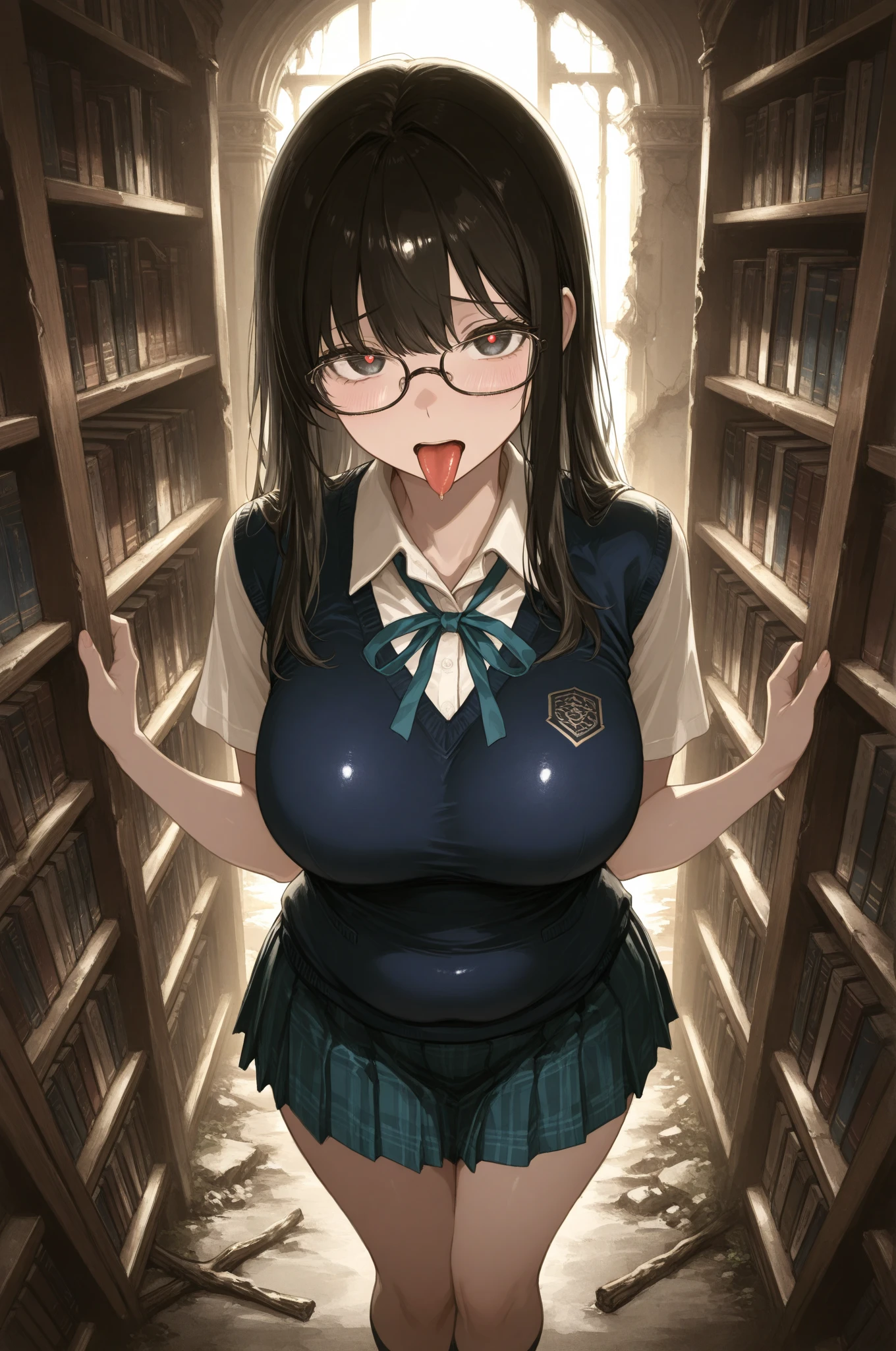 nsfw,uncensored,(super fine illustration,8K CG wallpaper,best quality,extremely detailed,ultra high res anime),1girl, solo,(idol master),(fumika sagisawa) ,(19years old, beautiful girl), (beautiful eyes),(((beautiful black hair))), (((long straight hair))), ((hair band)),(blunt bangs),one eye covered by bangs,(((wearing glasses:1.9))),((completely nude:1.5)),((pubic hair)),(wet hair), (wet skin), ((Sweat)), ((vapor)), (flat chest,large breast), (Front view),(((multiple boys:1.9, peeing on a girl,multiple penises:1.9, gangbang,fella))),((ecstasy torogao, saliva trail, nose blush,one eye closed,out tongue)),cleavage of the breast,happy,((smile:1.9),((cum on body:1.9)),((cum on face:1.9)),((cum on hair:1.9)),((cum in mouths:1.2)),((sitting,peace sign:1.3)),((one eye closed)),(((looking at viewer),(books store,perfect lighting:1.3),(one eye closed),(((carrying sex))),(bouncing breasts),(Heart effect:1.3),
