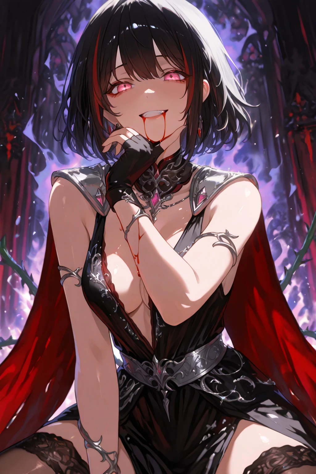 Sexy gothic girl, black hair, curly square haircut, red eyes, black lipstick, black nail, eyeliner, little sadistic smile, dark and deep look, menacing, black horns. Masterpiece, UHD, detailed. Into a satanic church, cowboy_shot