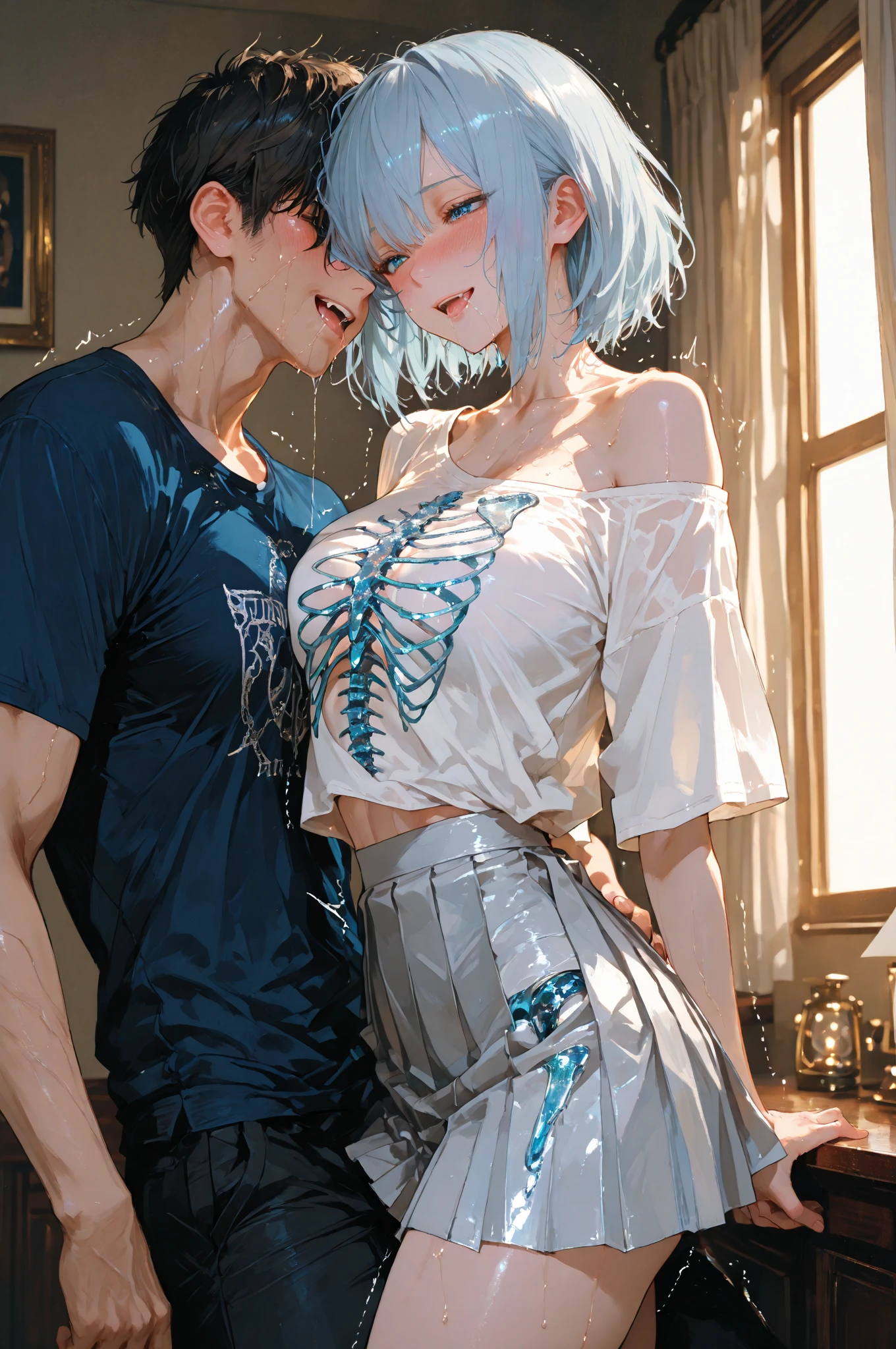 creates a realistic 3D image, a pair of male and female lovers kissing each other warmly, the man is wearing a blue hoodie, jeans, and the woman is only wearing a sexy bikini. The background is bright blue with intense light quality.