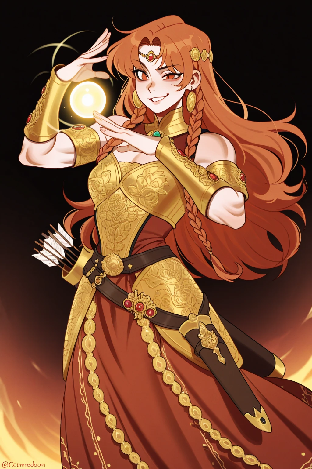 guardian dragon woman with green eyes, red horns and jade hair with a big moth 