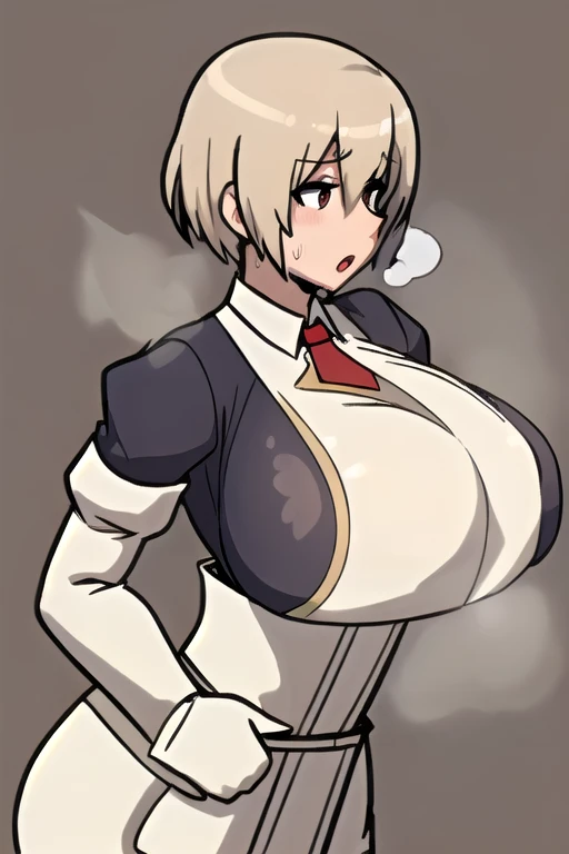 （One girl）、(short hair)、(sidelock)、((Blonde))、Princess Connect、((boyish))、huge breasts、((plump))、(beautiful girl)、[Big thighs]、pink eyes、(Healer)、Black Vest、black leggings、White sleeveless、[hairs between eyes]、(long gloves)、closed mouth、wink、arm behind back