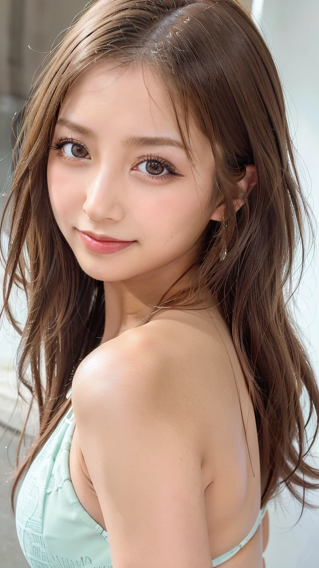 (8k, RAW Photos:1.2), Detailed face and eyes, Highest quality, Ultra-high resolution, Very detailed, Ultra-intricate details, Tabletop, Very cute girl, Soft cinematic light, Hyper Detail, Sharp focus, super high quality, Long wavy hair with brown hair, A cute 16 year old girl, Very beautiful plump G cup, The whole body is shown, Quite embarrassed,Really kissing face, Plump whole body, Inside a stylish hotel, topless, Very beautiful nipples, Full body nude, Extremely realistic skin texture, Smiling and looking at me