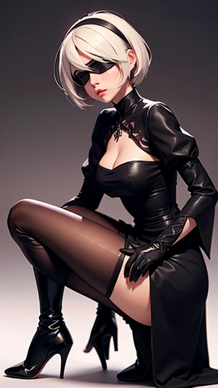 Elegant 27 year old woman,, short wavy white hair, small and fleshy lips, simple makeup, confident look, dressed in a black party dress with an open back, some garter belt with a snake, with a little neckline 
