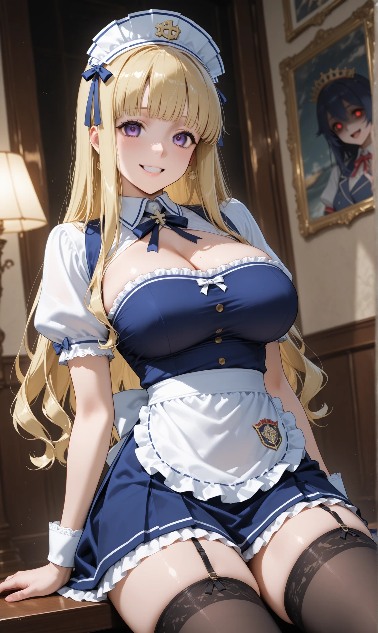 focused to upper body, realistic, 1girl, big bust, blonde roll hair, sparkling blue eyes, maid outfit, standing pose, (blue water background), perfect limbs,
