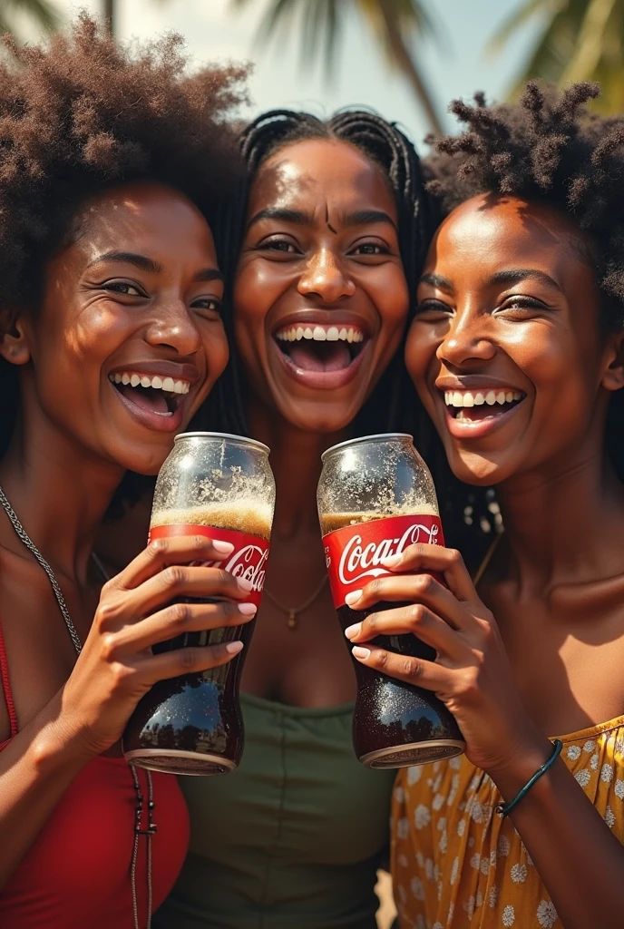 A group of friends sitting together at a picnic, smiling and laughing, each holding a can of Coca-Cola, looking excited and happy.
