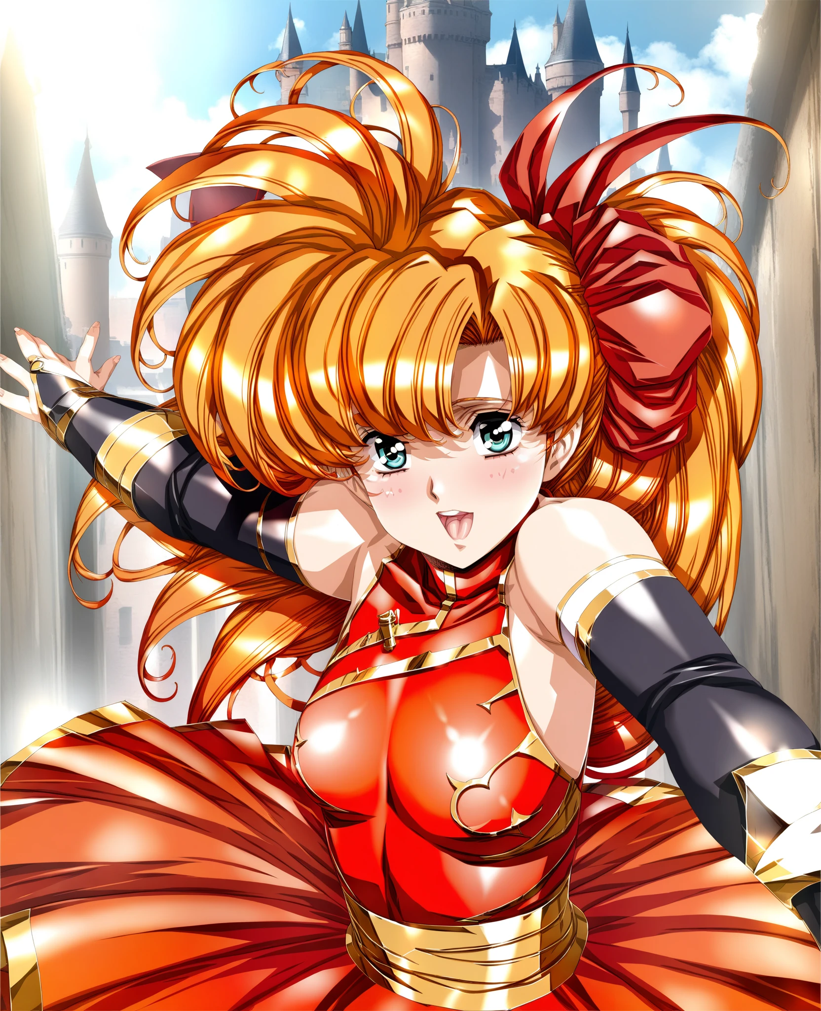 high quality, extremely detailed, perfect face, <lora:BelldandyDemon:1>, Belldandy, red latex leotard, face marks, red latex gloves, red latex boots, large breasts, seductive smirk, (flames background), looking at you