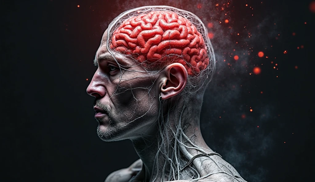 art white man handsome naked elegant with beard eats brain , black background with candles
