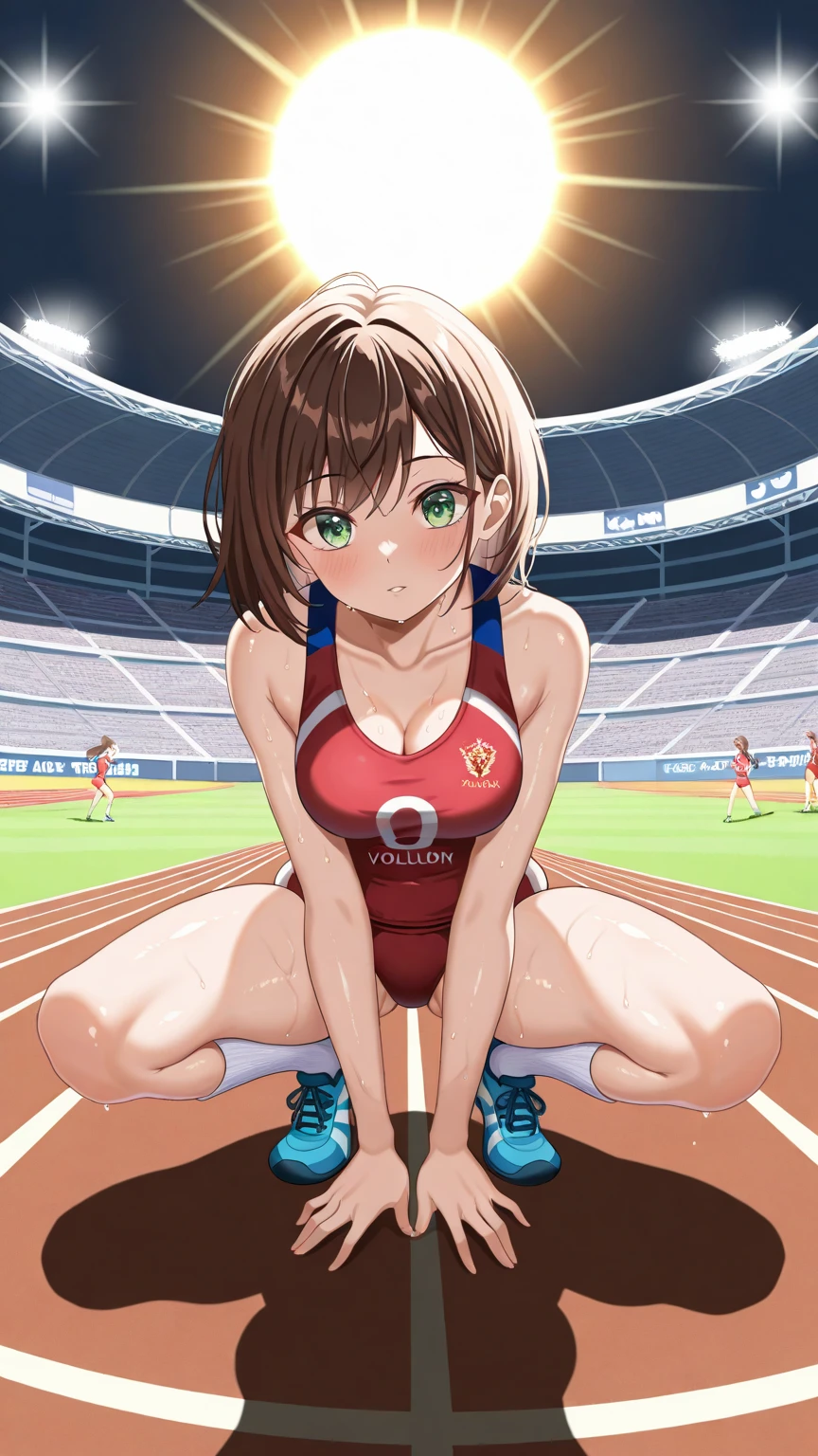 pieces fly、masterpiece、highest quality、Super detailed、High resolution、High resolution、8K portrait、Unity 8k壁紙のHigh resolutionCG、unity 8k wallpaper、Highly detailed CG unity 8k wallpaper、realistic、real person、 portrait photography、shiny skin、High resolution、(1 girl), Little,,(rape face),((cute:1.8)),((10 years old:1.5)、very detailed explanation、delicate face、nice lips、slender body、(All breasts:1.8) 、 thin waist、thin legs、1 girl, cute type, perfect face, seriously, (blush:1.5),(athletics stadium:1.6), Detailed description vagina,Show butt hole、distress,  blush:1.5, think back:1.5, (open anus:1.6)、messy hair, brown bob hair,(track and field sleeveless uniform)