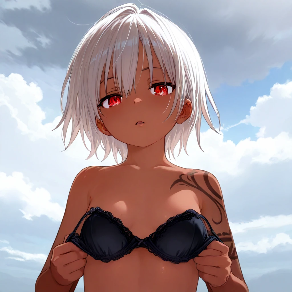 Best quality, (masterpiece:1.2), highly detailed, standing, beach, cat ears, 1girl, solo, tojo koneko, looking at the viewer, closed mouth, (upper body:1.2), small breasts, yellow eyes, white hair, short hair, hair decoration, ruffled bikini, erotica