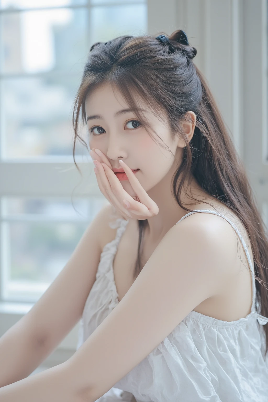 On the table, best quality, shape, Ultra Detailed, Finely, high resolution, 8k wallpaper, 完璧なダイナミックな構shape, Beautiful and delicate eyes, Medium Length Hair, Small Breasts, Natural lipstick, Casual sexy pose,Smile,20 year old girl、midnight、Beautiful and detailed face、Perfect beautiful face,big eyes、original photo、Expressing female posture using the whole body、Beautiful and delicate eyes、Small face、Beautiful duplex、Facelift and style,skirt、Beautiful golden ratio face,Long hair