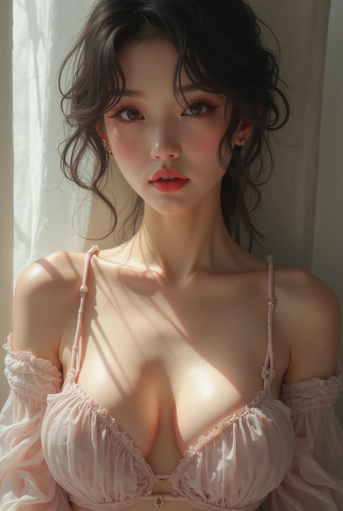 Best Quality, Masterpiece, Ultra High Resolution, (Realisticity: 1.4), Original Photo, 1girl, Pink Off-the-Shoulder, Cinematic Lighting, Downblouse