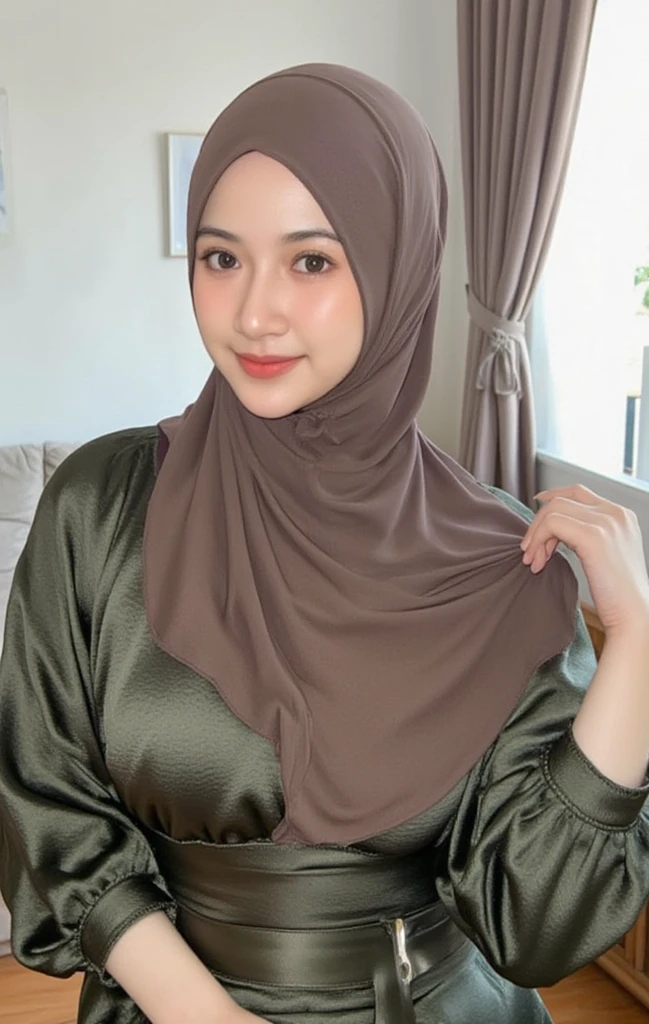 masterpiece, (ultra-high-definition portrait, vignet:1.4), Realistic, extremely detailed, CG unified, 8k, Clean lines, highly detailed, High-definition, raw color photos, she is smiling, Realistic portrait, Cinematic Light, Beautiful detailed, (1hijabgirl, indonesian:1.5), (165cm tall, big breasts with lips like she wants to kiss:1.5), Beautiful big breasts, breasts details, very tight, (Biggorgeous breast, Smiling:1.5), (Smiling, Big Breast:1.4), Close up of a girl in Beautiful clothes with errected nipple, biggorgeous breast, Soft smile, scarf, (Bombastic Side Eyes with curvaceous body:2), pose 4 of 1 6, Undress, No bra, (nipples that are clearly sticking out detail:1.2), Outdoors, high intricate detailed.