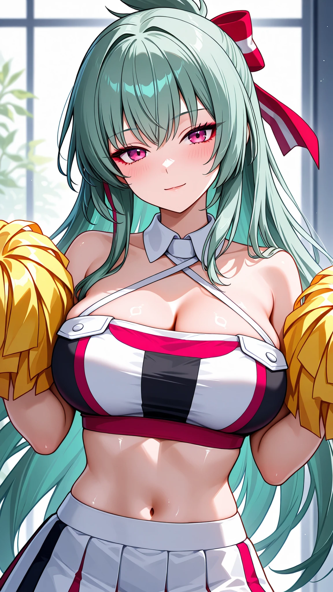 solo, kanzaki_saya,  long hair, mature woman, Tight waist、Small waist、shiny Skin ,  (upper body), light smile, cheerleader, detached collar, white crop top, two-tone crop top, midriff, criss- cross halter, two-tone skirt, white skirt, miniskirt, pleated skirt, holding pom poms, pom pom (cheerleading), white sneakers,from front,looking at viewer,