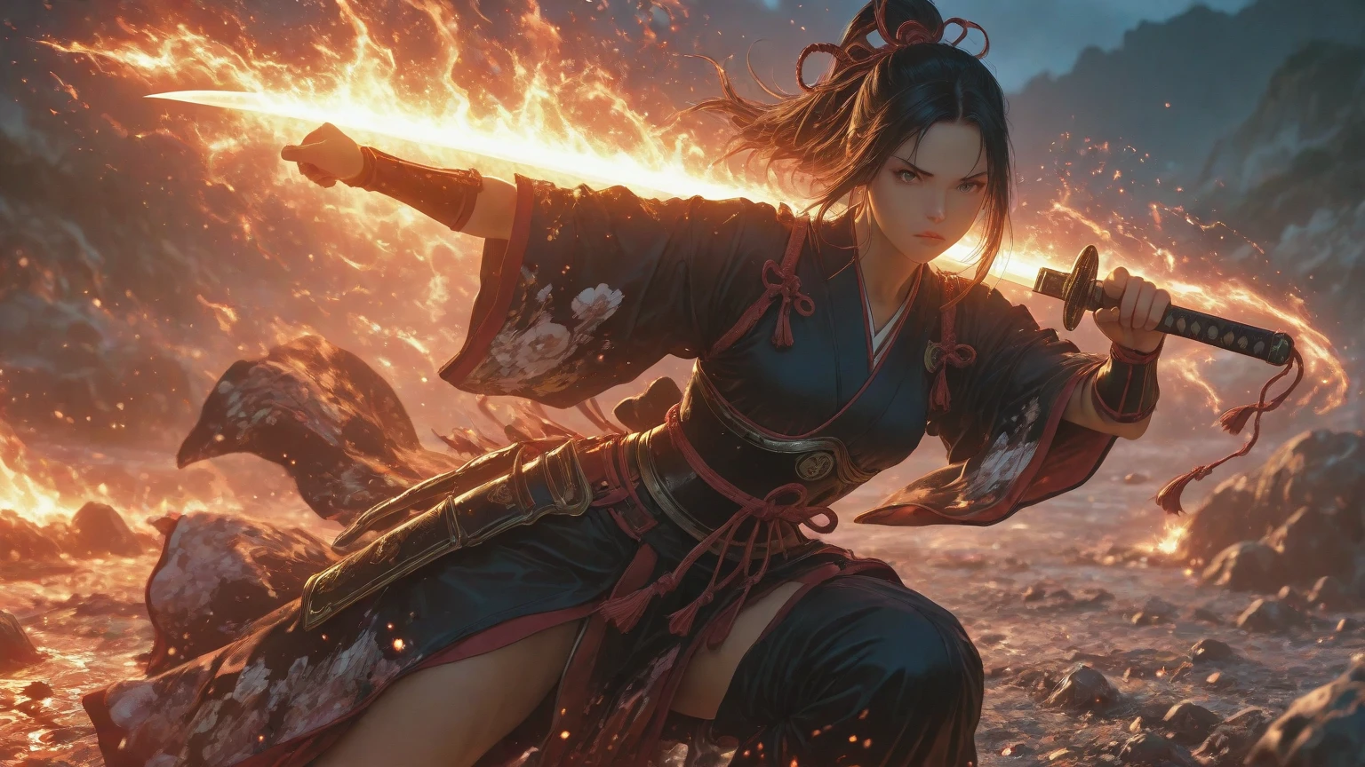 (exquisitely detailed CG unity 8k wallpaper, masterpiece-quality with stunning realism), (best illumination, best shadow), (best quality), (elegant style:1.2), Arti modern anime. angled view, heroic pose, midshot, (cel-shading style:1.3), centered image, ultra detailed closeup portrait of (Mai Shiranui:1) from (King of Fighters), best quality, expressive eyes, perfect face, highres, (ultra details), 1 girl, solo, brown hair, hair ornament, eyeshadow, gold, white and red qipao, highly ornamented, in the city of Japan, portrait, looking at the viewer, piercing eyes, full body, (light from the angle:1) (wind blowing:1.2).(depth of field effects:1.3) (motion action:1.2) (closeup:1.2) (angled closeup photography:1), (motion blur effects:1), wide angles, spreading feet, Thin to transparent,see-through,(((Soggy-kimono:1.2))),Lace fabric, (((water-immersed body: 0.9))),jewelry, relaxing pose, (dress on fire:.7), ((Leaning forward:1))