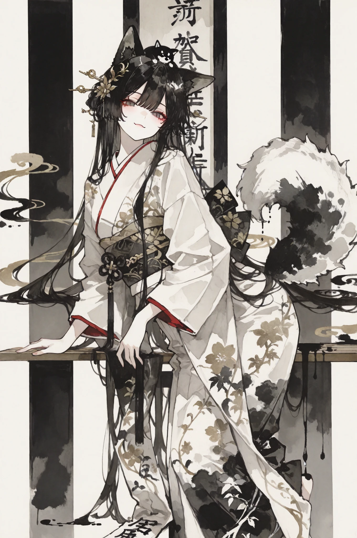 masterpiece, high quality, ultra-detailed 1 girl with dog ears, traditional sumi-e style, elegant kimono, flowing fabric, traditional obi, long sleeves, detailed pattern, dog ears on head, fluffy tail, canine features, playful expression, large shiba inu dog companion, noble pose, loyal eyes, fluffy fur texture, dramatic ink brush strokes, bold black splashes, dynamic ink flow, hanging scroll composition, vertical format, traditional layout, kanji calligraphy elements, red seal stamps, artistic signature, traditional Japanese room background, tatami suggestion, minimal details, aggressive brush techniques, ink gradation, spontaneous marks, long flowing hair, traditional hair ornaments, elegant pose, monochrome aesthetics, stark contrasts, ink bleeding effects, zen artistic influence, empty space utilization, balanced composition, rice paper texture, ink dripping effects, traditional mounting