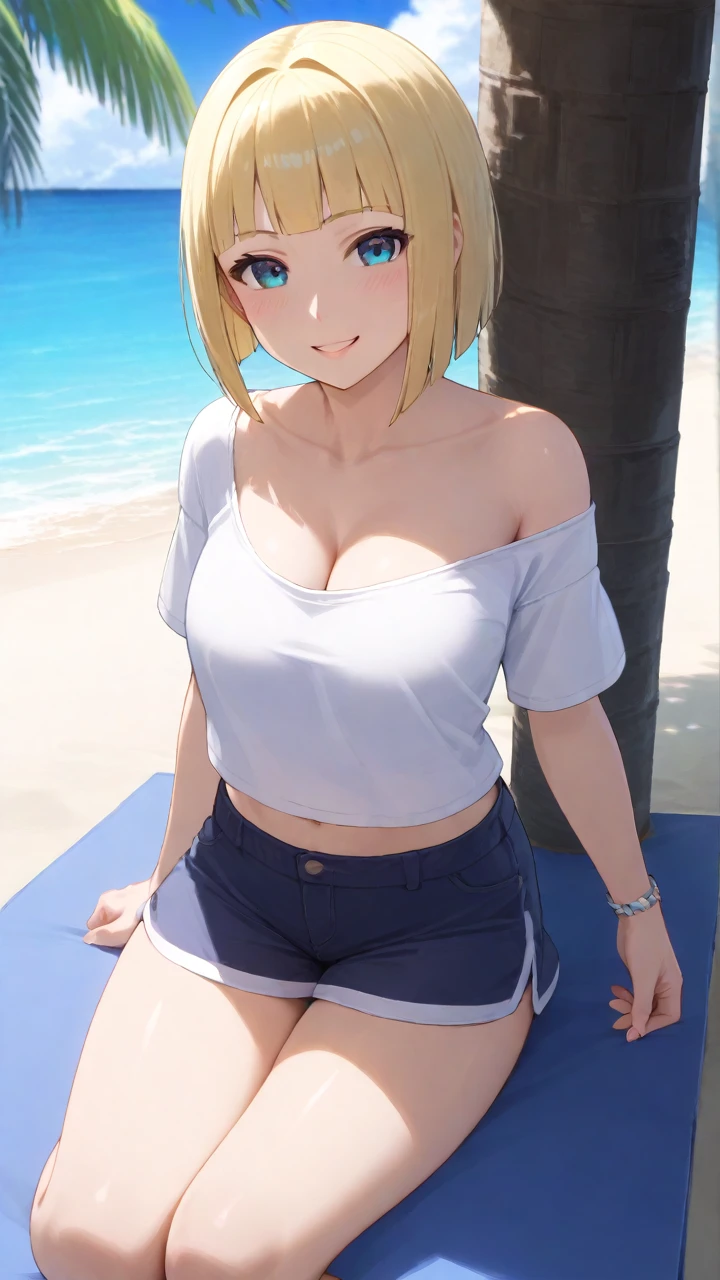 ((highres)), Masterpiece, high quality, best quality, beautiful, perfect lighting, detailed face, ultra cute face, looking at viewer, ((1girl)), ((solo)), full body, cowboy shot, long blonde hair, ponytail, blue eyes, crop top, jean shorts, cleavage, medium breasts, wide hips, thick thighs, skinny, fit, smile, Standing on a dock, ocean in background, hands on hips