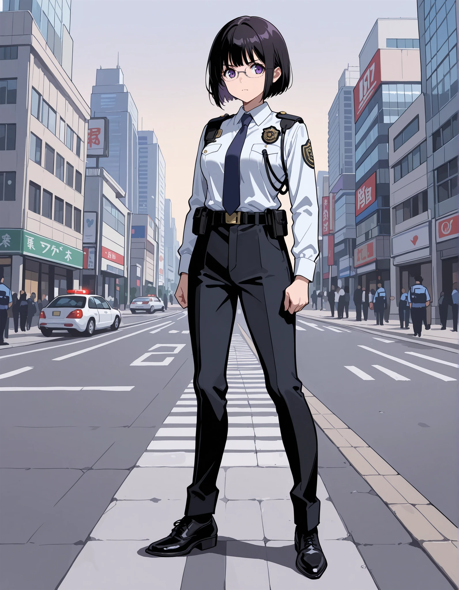 score_9,score_8_up,score_7_up, medium breasts, solo, (jet black hair, short hair, bob hair, tareme, purple eyes, bangs), (serious expression), (full body), city backdrop, tokyo city backdrop, solo, solo focus, standing, japanese police uniform, glasses, (white shirt), (black pants, tie), matching shoes, badge, (perfect anatomy), full shot, superhero, ((beautiful detailed eyes)).