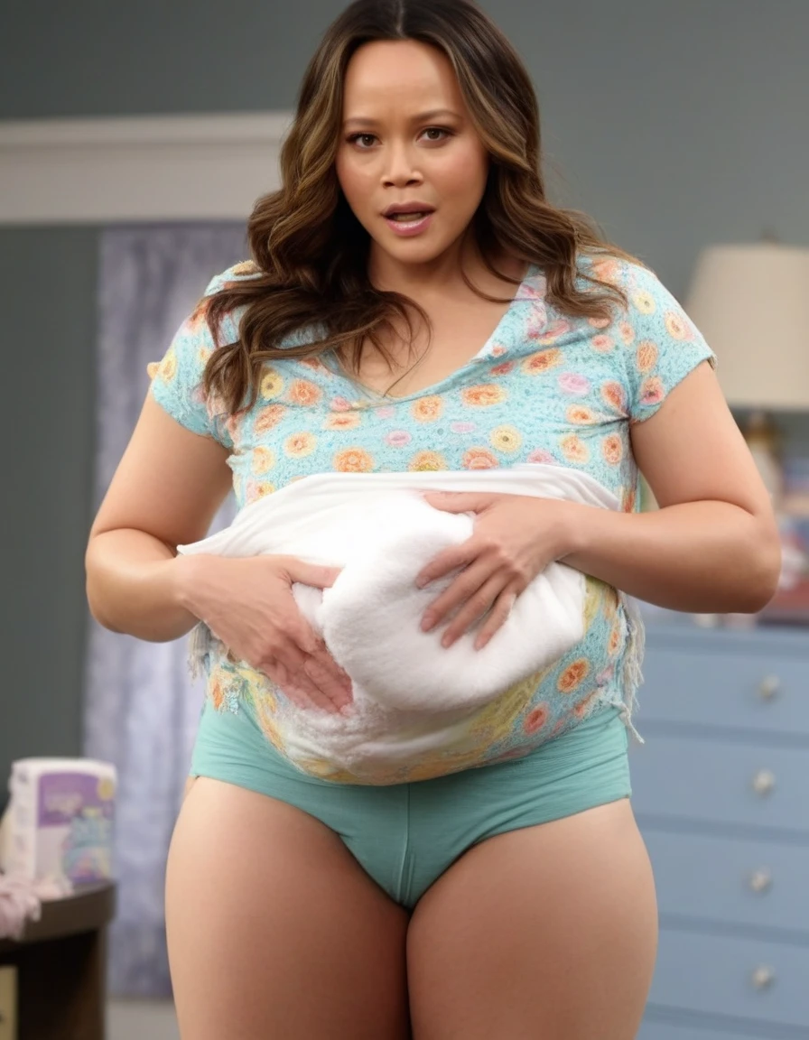 His 35 year old wife pregnant,tiro de frente,estilo sensual,mulher madura, olhar animado, usando roupas de dona de casa,seios fartos,olhando para o espectador de cima