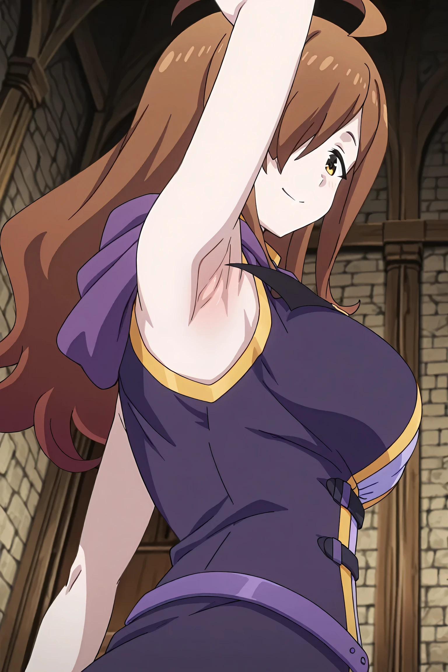 masterpiece, best quality, amazing quality, anime screencap, anime coloring, 1girl, solo, wiz,wiz \(konosuba\), long hair, light brown hair, hair over one eye, bangs,ahoge, brown eyes, large breasts, wizDress, bat wings, purple long dress, hood, hood down, jewelry, latin cross, purple robe, sleeveless, bare shoulders, bare arms, arm up, raised arm, armpit, armpit focus, head towards viewer, looking at viewer, direct eye contact, smile, closed mouth, indoors, guild hall, from side, from below, (from behind:1.2)