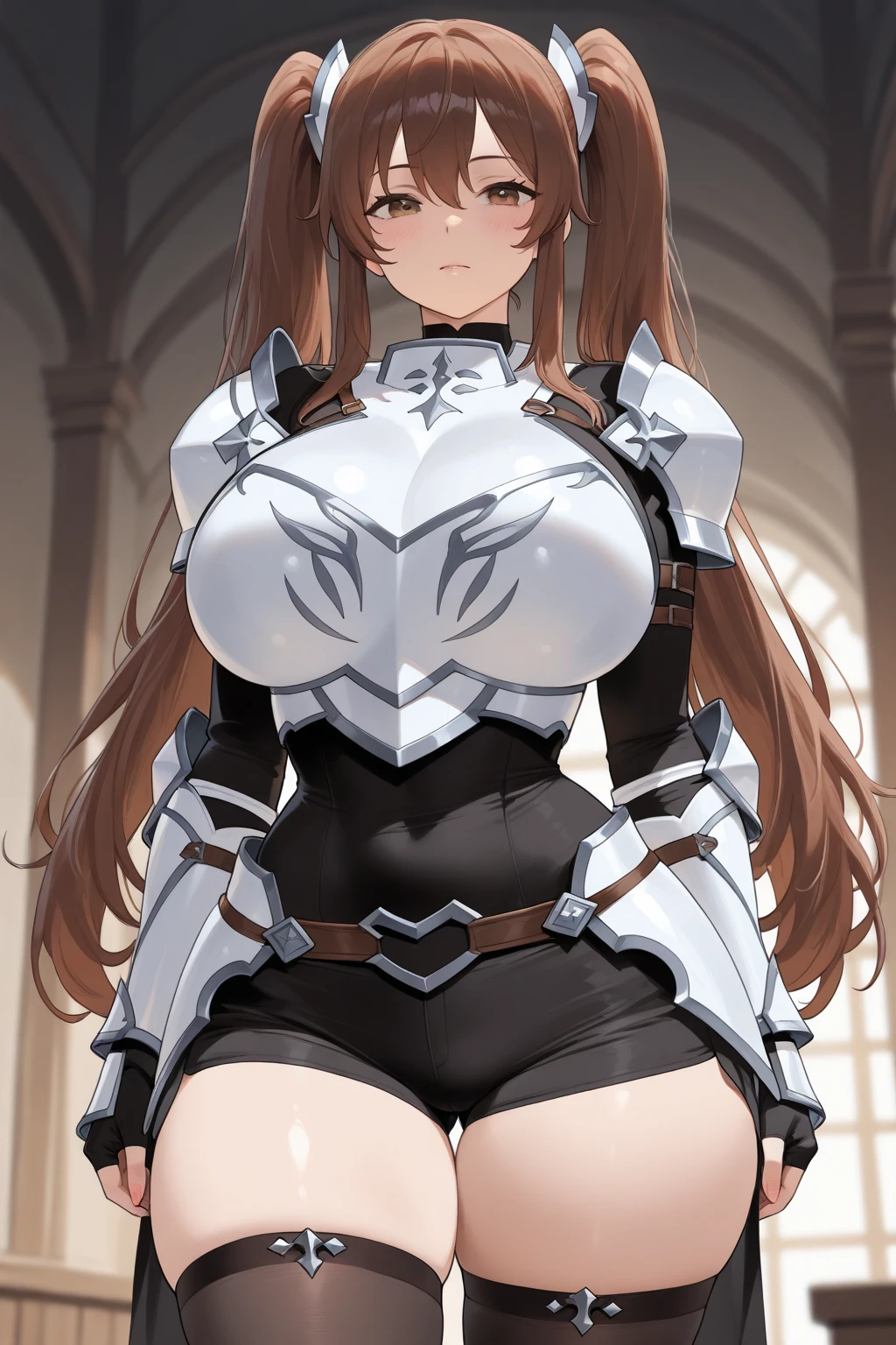 A highly detailed anime art style, a beautiful woman, ((solo standing)), ((perfect human body)), ((perfect face)), bottomless, animal ears, small pupils, (realistic face), bangs, blush, bodysuit, ((robotic parts)), breasts, impossible clothes, large breasts, long hair, long sleeves, looking at viewer, fantasy background, skin tight, smile, solo, twintails, upper body, very long hair, fantasy background, white gloves, [alice] \(nikke\), (masterpiece:1.4), (best quality:1.4), (shiny skin), 