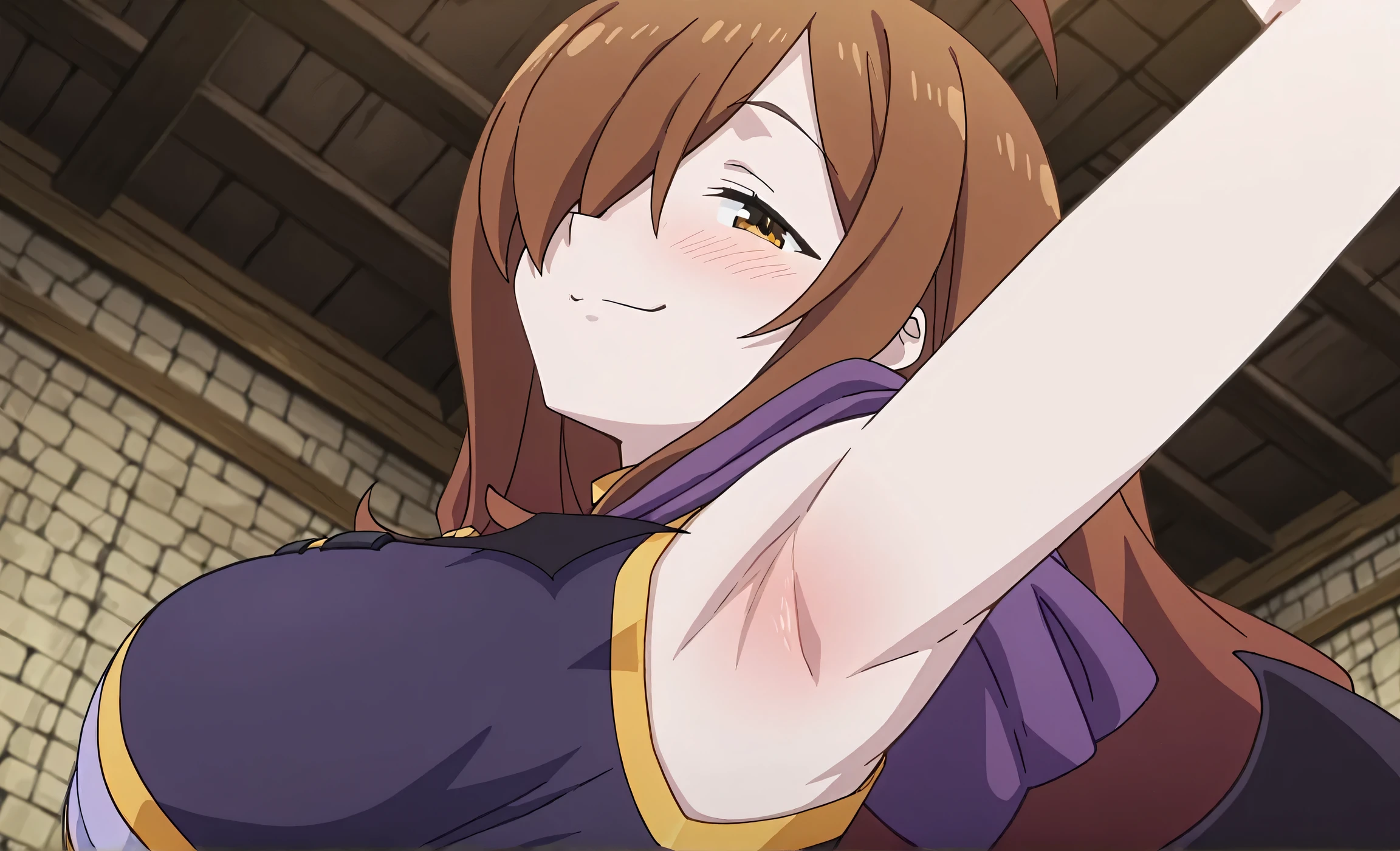 masterpiece, best quality, amazing quality, anime screencap, anime coloring, 1girl, solo, wiz,wiz \(konosuba\), long hair, light brown hair, hair over one eye, bangs,ahoge, brown eyes, large breasts, wizDress, bat wings, purple long dress, hood, hood down, jewelry, latin cross, purple robe, sleeveless, bare shoulders, bare arms, arm up, raised arm, armpit, armpit focus, head towards viewer, looking at viewer, direct eye contact, smile, smug, half-closed eyes, blush, closed mouth, indoors, guild hall, from side, from below