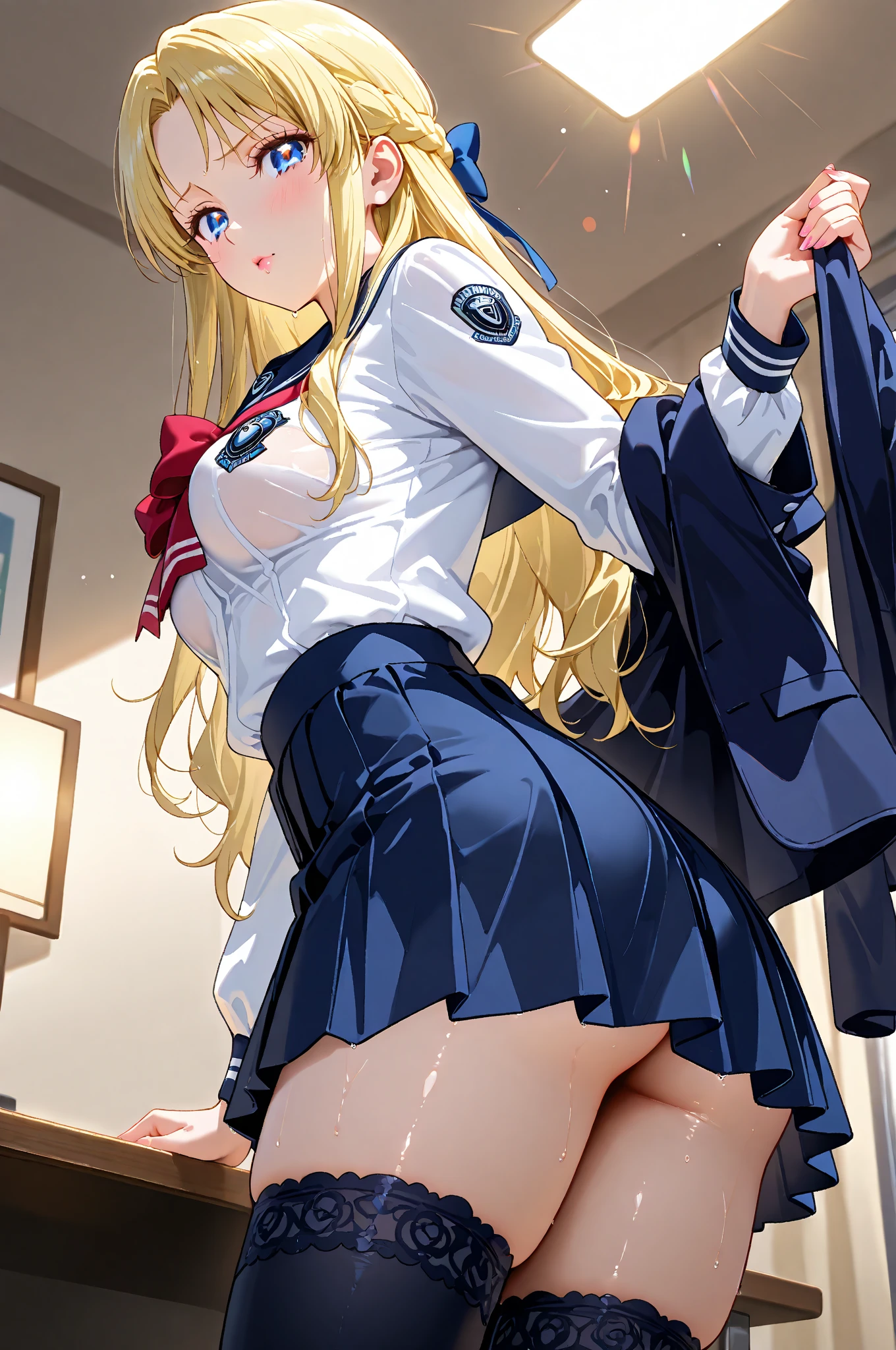 Beautiful long blonde hair　Embarrassing　blue eyes 　Tears overflow from my eyes　diaper　A girl wearing a long-sleeved sailor suit　　Pleated skirt　　School corridor at night　Skirt lifted　Open your legs