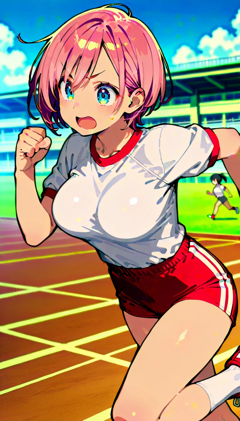 masutepiece, Best Quality, Ultra-detailed, Illustration, extremely delicate and beautiful,High resolution, Ultra-detailed,,Perfect face,Slender Perfect Body, Tight belly,Toned ,Constricted waist,,(Two girls running,dash:1.5), 15yo student,(1 girl with pink hair,One girl with gray hair), (Very short hair from one girl,One girl with long braid hair), Shy daughter, Short stature, small ,(Flåm Athletics Stadium), (Fashionable track and field athletes)、(Short Bike Shorts), small , (Wet:1.2), track and field、white  uniform、((Very Wide Shot ))、(:1.4)、( visible through clothes:1.5)、Realistic body、de pele branca