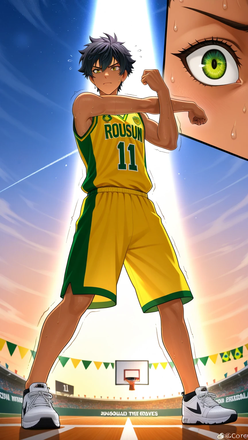 (1 young man, tall, brown wavy hair, short hair, cute, white skin, green eyes), basketball uniform, (sweat), white tank top, green shorts, (slim), (big bulge), holding basketball, (intricate details, Masterpiece, high quality, best quality, hdr), (basketball court background), outdoors, sunlight, looking at viewer, volumetric lighting, side smile, comboy shot, detailed face, detailed background,