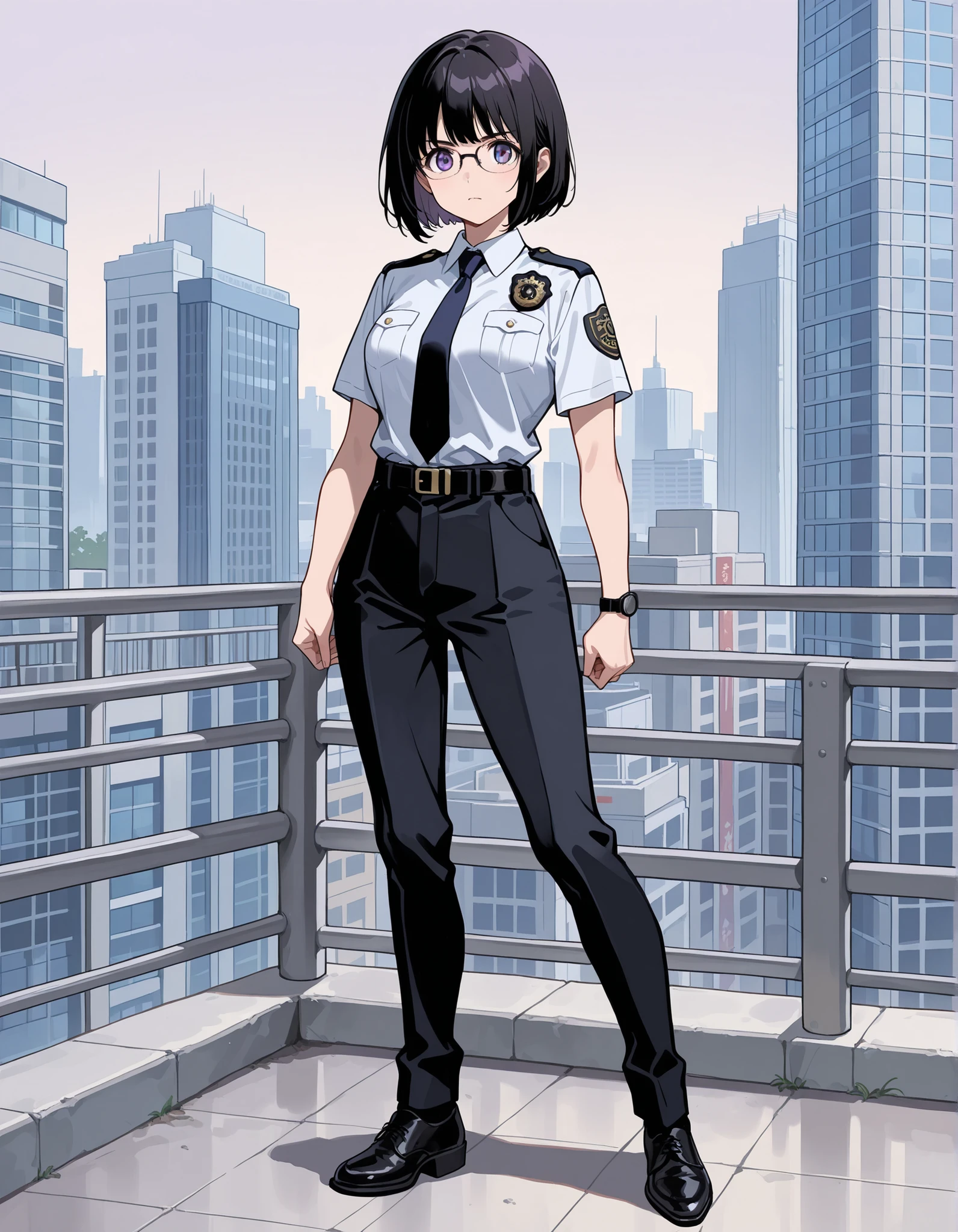 score_9,score_8_up,score_7_up, medium breasts, solo, (jet black hair, short hair, bob hair, tareme, purple eyes, bangs), (serious expression), (full body), city backdrop, tokyo city backdrop, focus, standing, japanese police uniform, glasses, (white shirt), (black pants, tie), matching shoes, badge, (perfect anatomy), full shot, superhero, ((beautiful detailed eyes)).
