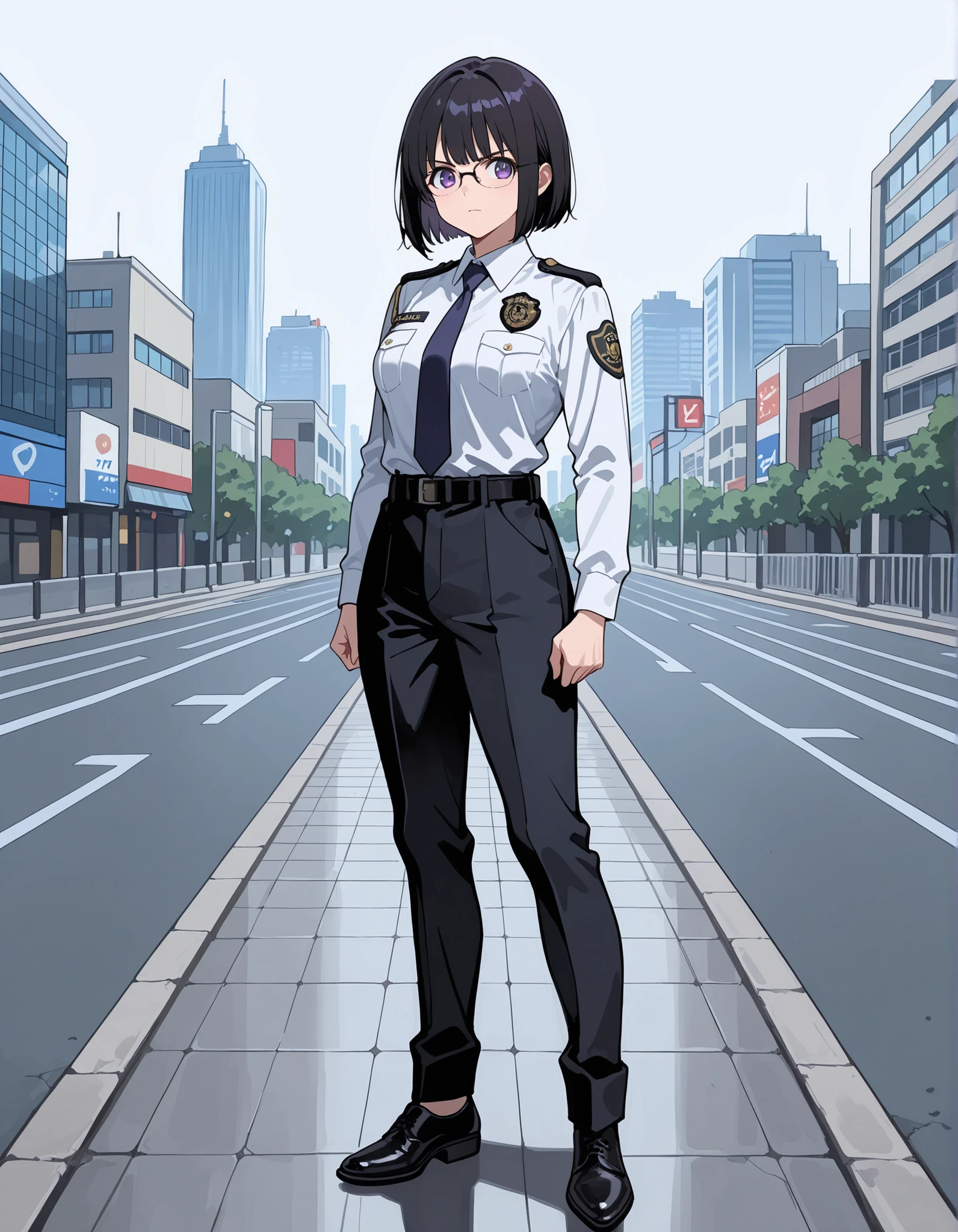 score_9,score_8_up,score_7_up, medium breasts, solo, (jet black hair, short hair, bob hair, tareme, purple eyes, bangs), (serious expression), (full body), city backdrop, tokyo city backdrop, focus, standing, japanese police uniform, glasses, (white shirt), (black pants, tie), matching shoes, badge, (perfect anatomy), full shot, superhero, ((beautiful detailed eyes)).