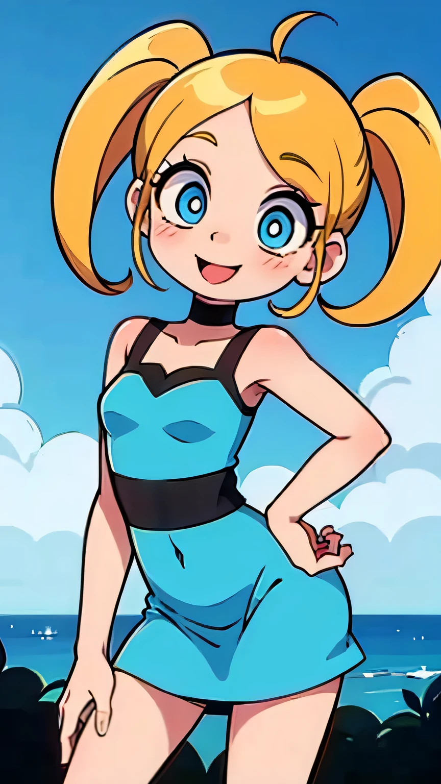 Make Bubbles from the power puff girls,cute, smile, shy,blue dress,blonde hair