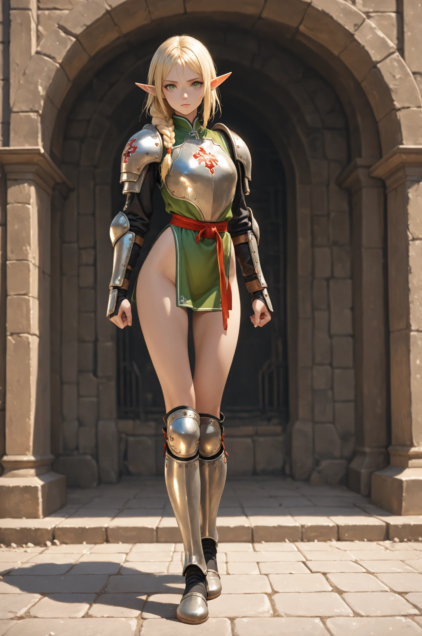 Uma personagem mulher, standard body, pele clara, cabelos escuros e cacheados, olhos verdes bem claros, sardas nas bochechas, uma roupa medieval de armadura de couro vermelha e preta. 