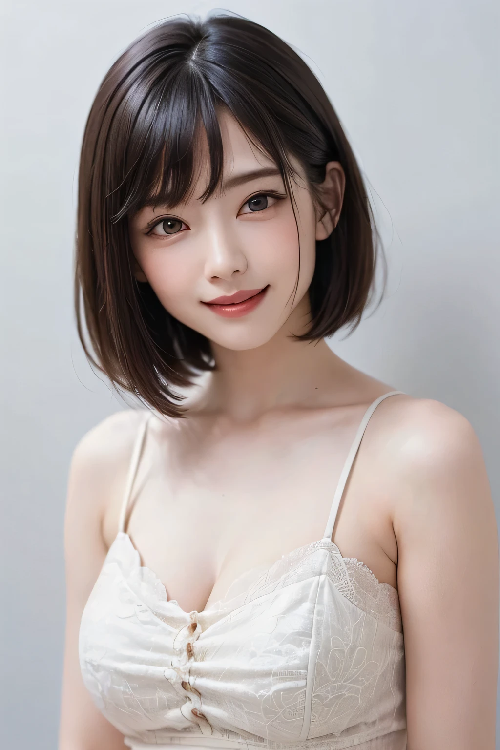 masutepiece, Best Quality, Illustration, Ultra-detailed, finely detail, hight resolution, 8K Wallpaper, Perfect dynamic composition, Beautiful detailed eyes, Women's Fashion Summer,Short bob hair,Small breasts natural color lip, Bold sexy poses,Smile,Harajuku、20 years girl、Cute、Sexy shot looking at camera