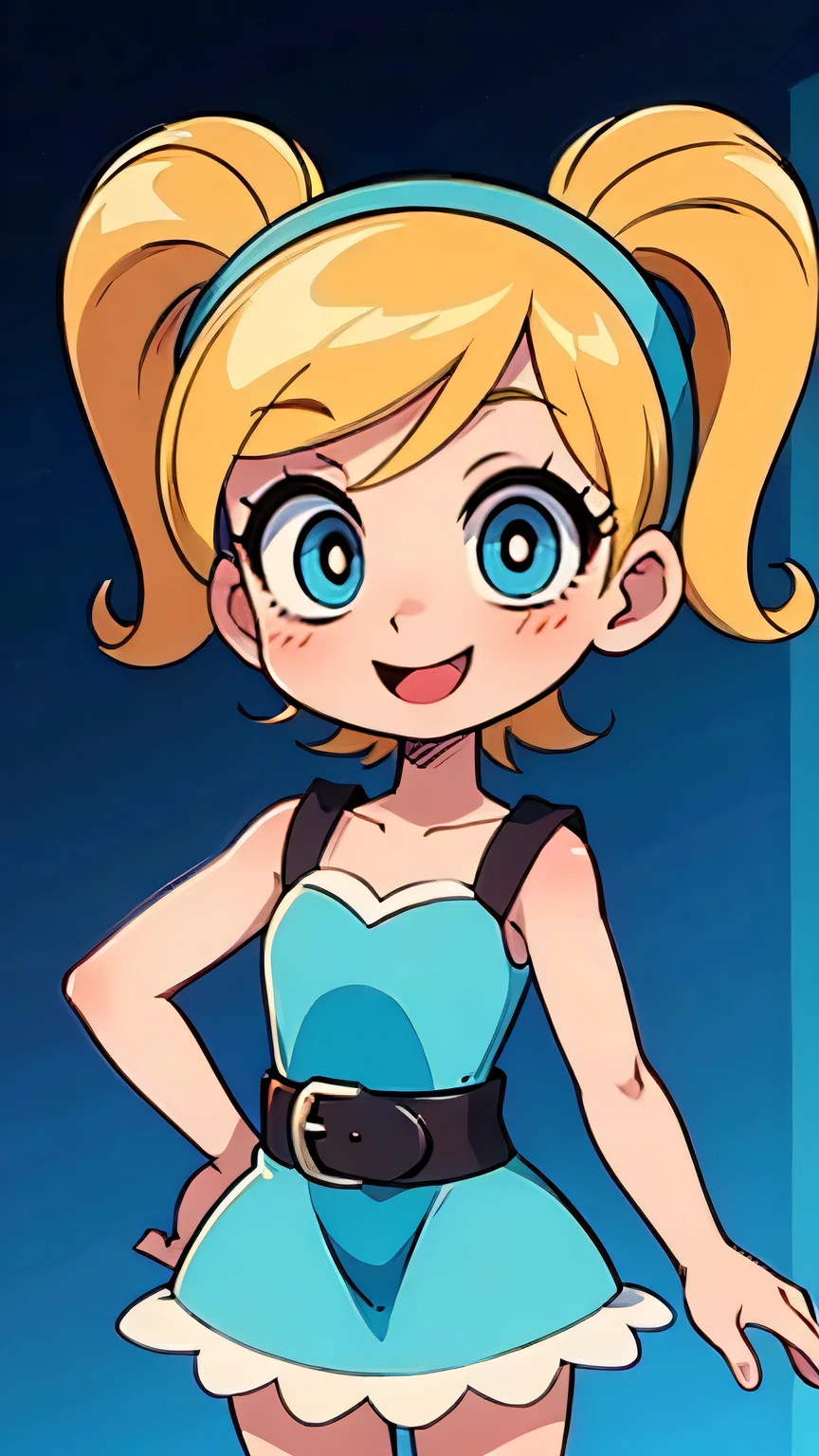 Make Bubbles from the power puff girls,cute, smile, shy,blue dress,blonde hair
