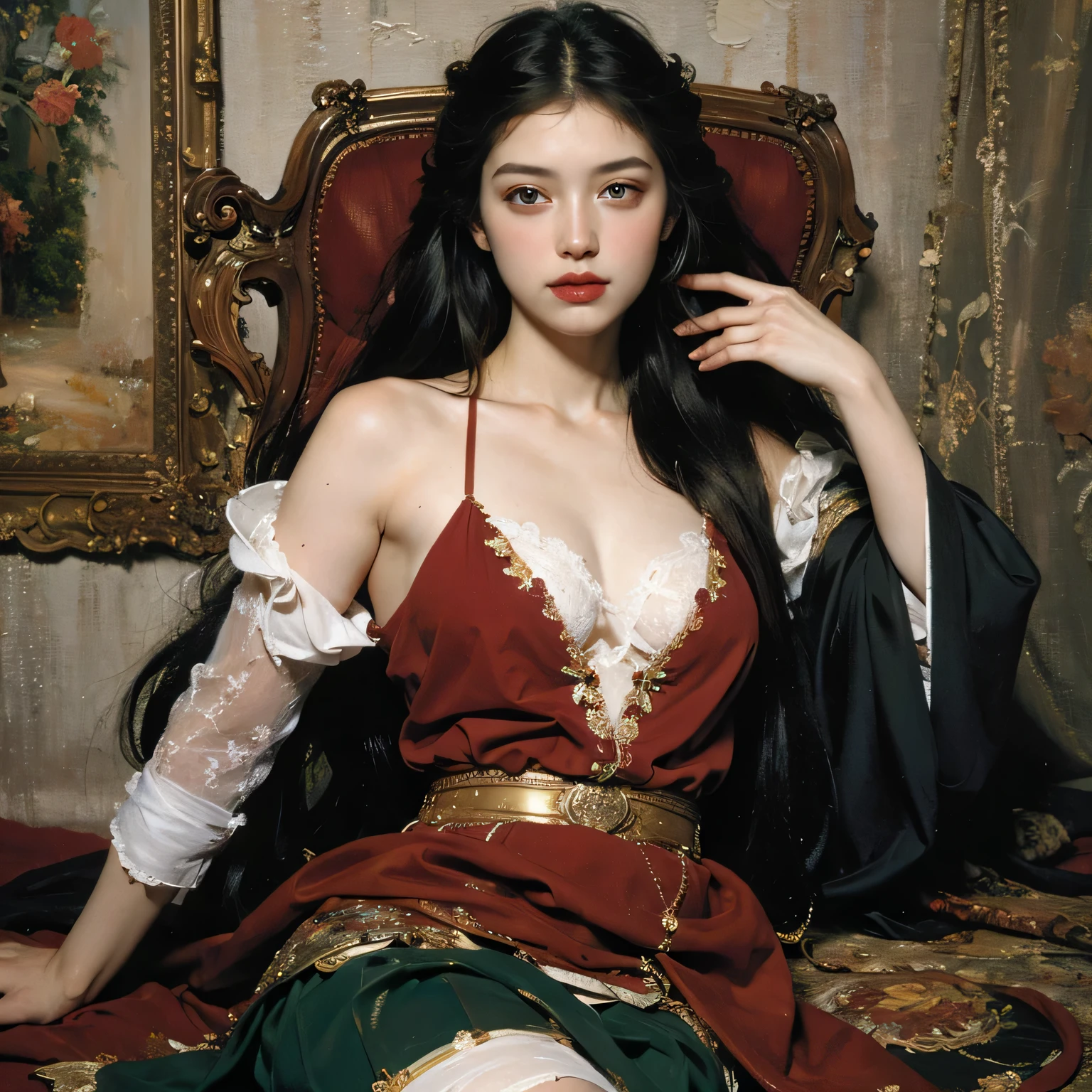 A figure reclining on a throne of roses, surrounded by adoring figures offering gifts and affection, soft light, high contrast, hyperrealism, muted colors, (detailed textures, sharp focus, lavish ambiance).