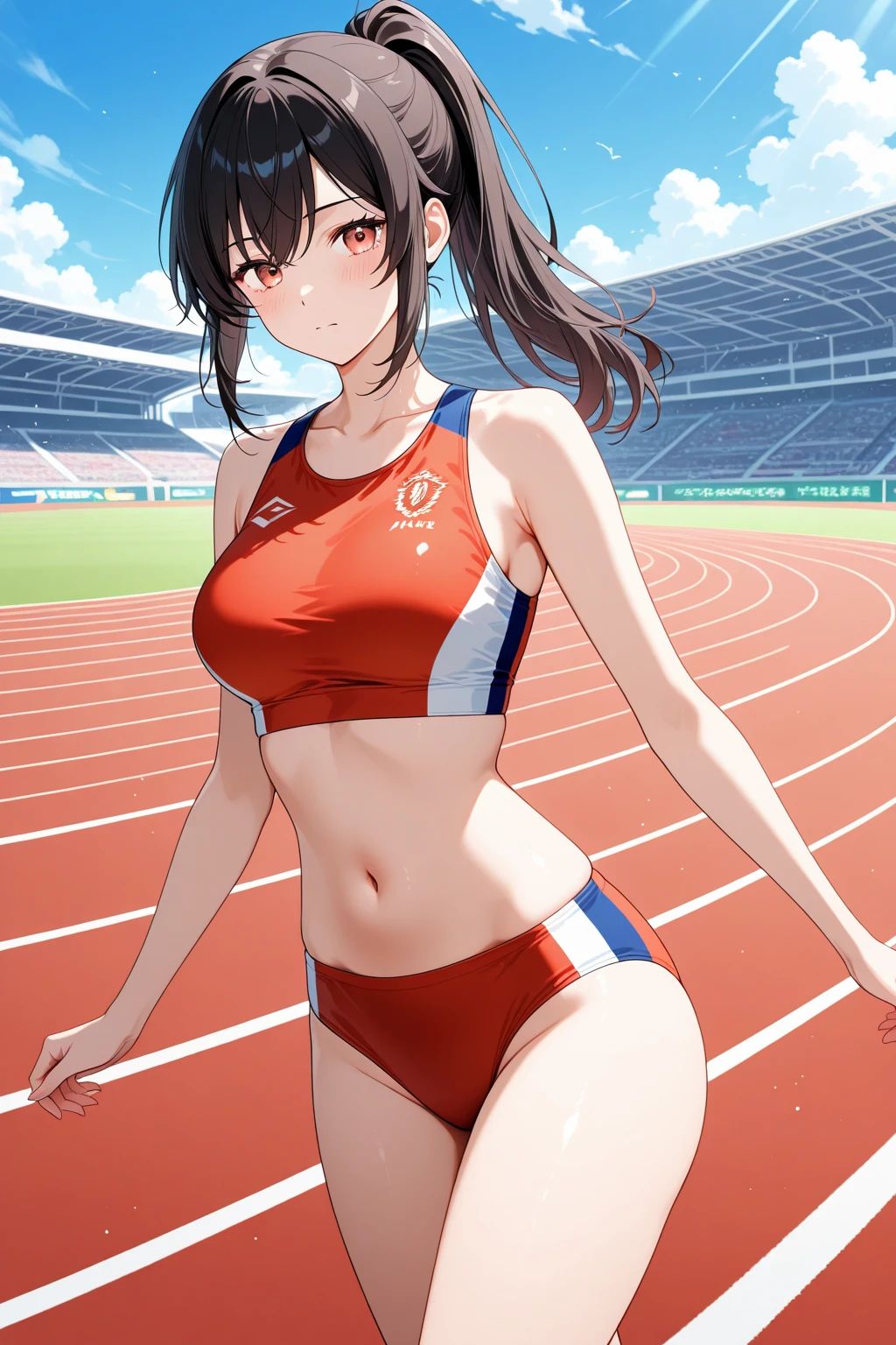 Unity 8K Wallpaper, Masterpiece, Best Quality, Ultra Detailed, Extremely Detailed CG, Ultra High Resolution, Caustics, Detailed, Beautiful Detailed Eyes, solo, (arms up behind:1.3, athletics stadium, track and field athlete, feminine muscles, japanese woman:1.3, separate, bloomers ,show off belly, cowboy shot, low ponytail)