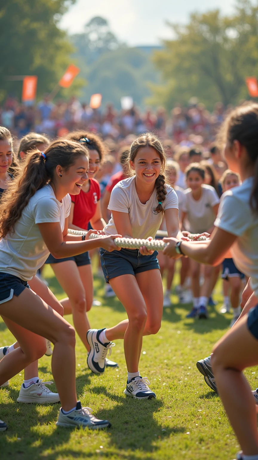 Create a highly realistic scene set in a bustling sports center in Italy. The focus is on two Italian sisters, one 13 years old and the other 8 years old, surrounded by a group of younger children. They are all dressed in colorful T-shirts and shorts, reflecting their energetic and joyful mood.

 The 13-year-old teenager stands confidently in the center. She has shoulder length brown hair tied in a ponytail and is wearing a bright red t-shirt tied under her small breasts showing her midriff and blue shorts. Her face is lit up with a warm smile as she interacts with the children around her, radiating a sense of enthusiasm and camaraderie.
 Next to her is her 8-year-old sister, who looks a lot like her older sister but is shorter and has a smaller build. She has long wavy brown hair tied with a ribbon and is wearing a matching red t-shirt and blue shorts. Her expression mirrors her older sister's joy and excitement as she interacts with the other children.
 Surrounding them are children aged between 5 and 10, each wearing T-shirts and shorts in various bright colors such as yellow, green, blue and orange. Their expressions are full of happiness and excitement as they interact with each other and the two sisters. Some children hold sports equipment such as volleyballs and skipping ropes, indicating their availability for fun activities.

In the background is the lively setting of the sports center: an open field with freshly cut grass, a running track and various sports facilities such as basketball courts and a football field. Some trees and benches are scattered here and there, offering places of shade and rest. The sky is clear and blue, with the sun shining brightly, casting a warm light over the entire scene.

This scene captures the energetic and playful atmosphere of the sports centre, with the 13- and 8-year-old sisters at the center of the joyful group, creating a sense of unity and fun among the children. The vibrant colors of their outfits and lively interac
