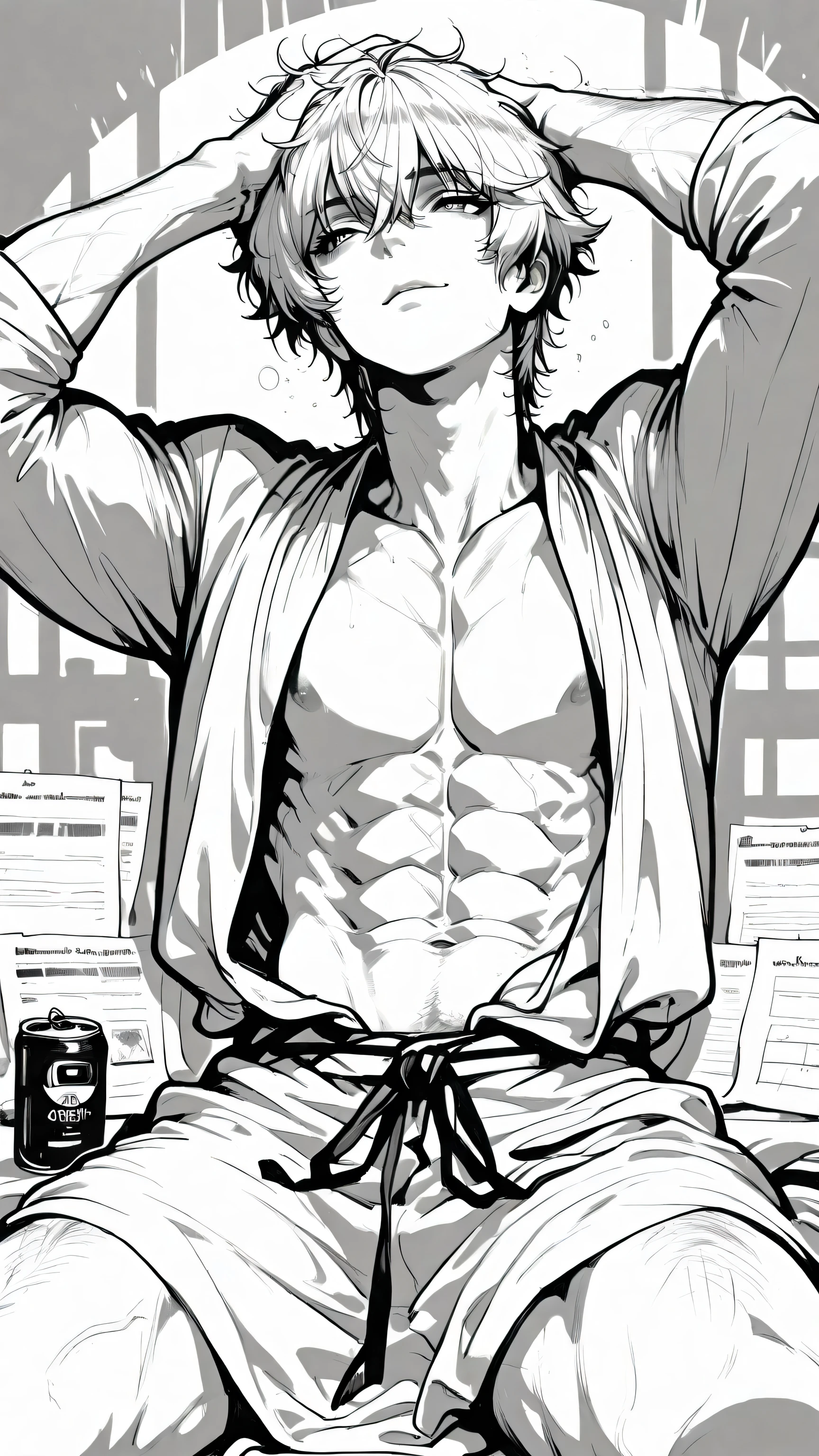 in the style of cksc,simple background, background white sheet of paper, monochrome, greyscale, traditional media, petting, drawn with pencil, sketch, detailed lines, sketch, manga page, manga style , pencil sketch style, soft shading, soft delicate features,,Anime Style. Handsome tall man with a massive, chiseled body build, radiating a seductive aura. He is posed in a seductive position—leaning slightly forward with intense confidence, one hand casually resting behind his head, the other brushing his abs. Well-defined six-pack abs are on full display. He wears an open shirt or robe flowing with dynamic movement, accentuating his masculine physique. His expression is smoldering, with detailed, normal-shaped eyes full of allure. Large hands are artistically posed and anatomically correct. Use a unique camera angle—from a lower perspective looking up to emphasize dominance and appeal. Add subtle visual effects like soft lighting glows, sun rays hitting his muscles, or a slight aura haze for drama. High Resolution. High Definition. Ultra Detailed. Make it visually captivating and oozing charisma. Background can be blurred cityscape or luxurious interior for added atmosphere.