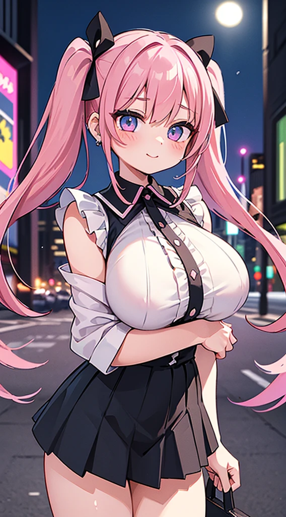 (​masterpiece、top-quality、ultra-detailliert)、((1 girl))、((Pink hair twin tails))、light blue  eyes、evilsmile、piercings、((very Bigger breasts))、jirai fashion、pink clothing、frilld、a black ribbon、Black miniskirt、cowboy  shot、Downtown background at night