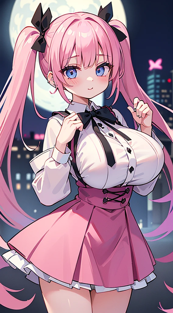 (masterpiece、top-quality、ultra-detailliert)、((1 girl))、((Pink hair twin tails))、light blue eyes、evilsmile、piercings、((very Bigger breasts))、jirai fashion、pink clothing、frilld、a black ribbon、Black miniskirt、cowboy shot、Downtown background at night