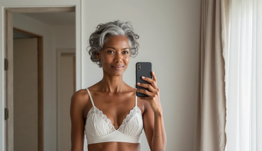 Androeda, solo, realistic, black girl, ((85-year-old girl)), ((mature)), ((old woman)), ((wrinkled woman)), african american old woman, old black woman, dark-skinned, (((upper body only))), ((at the gymnasium)), ((selfie shot)), smiling, wearing attractive tops, white hair