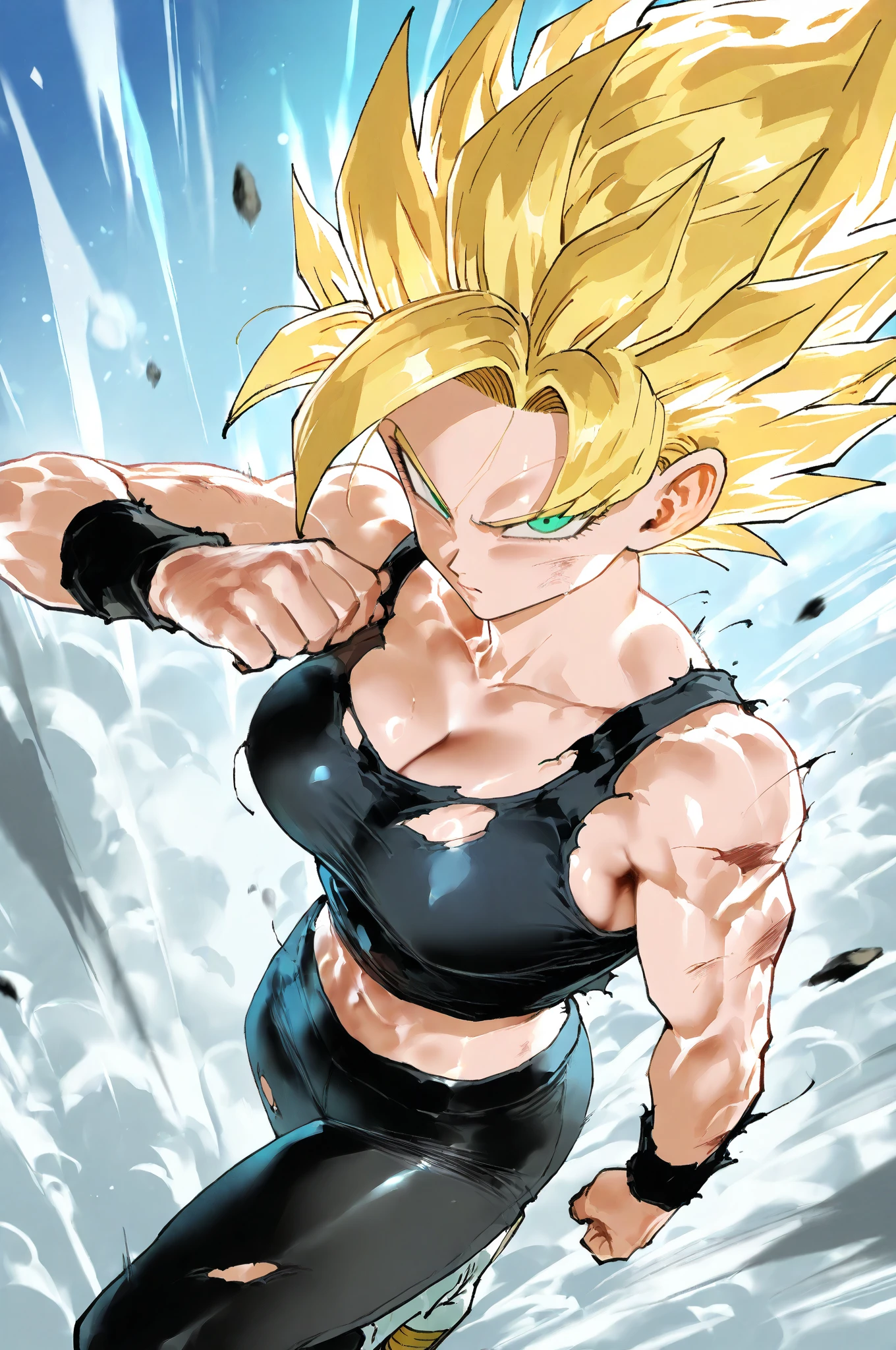 a girl, saiyan, super saiyan, spiky, green eyes, ripped slim, thin waist, wide hips, saiyan clothes, dragon ball z universe, brown skin , medium breasts, thick thighs, (she would be raising her ki and if transforming into super saiyan), super saiyan hair, blonde hair, raising ki, lightning around, black clothes glued to the body..